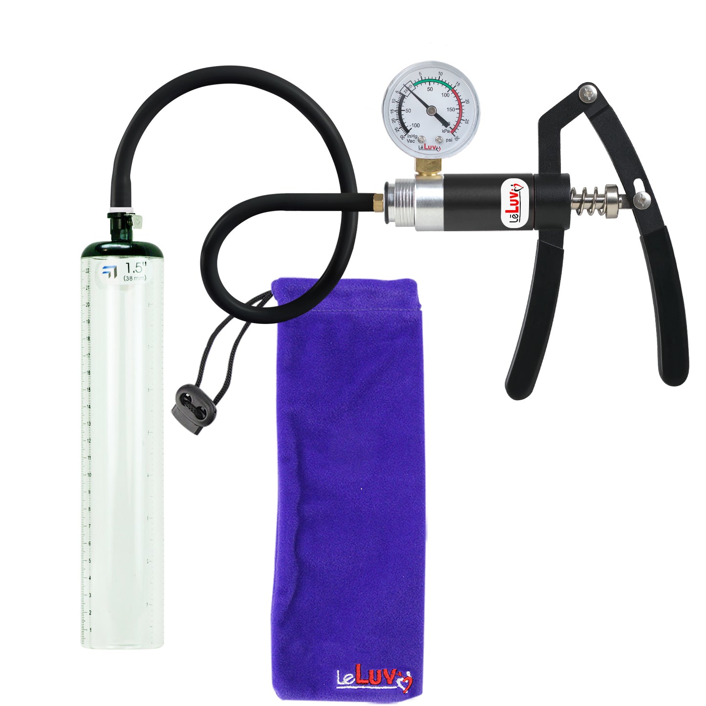 PRIMO Lite Penis Pump | Black Handle + Gauge, Silicone Hose | 9" x 1.5" Thick-Walled Penis Cylinder