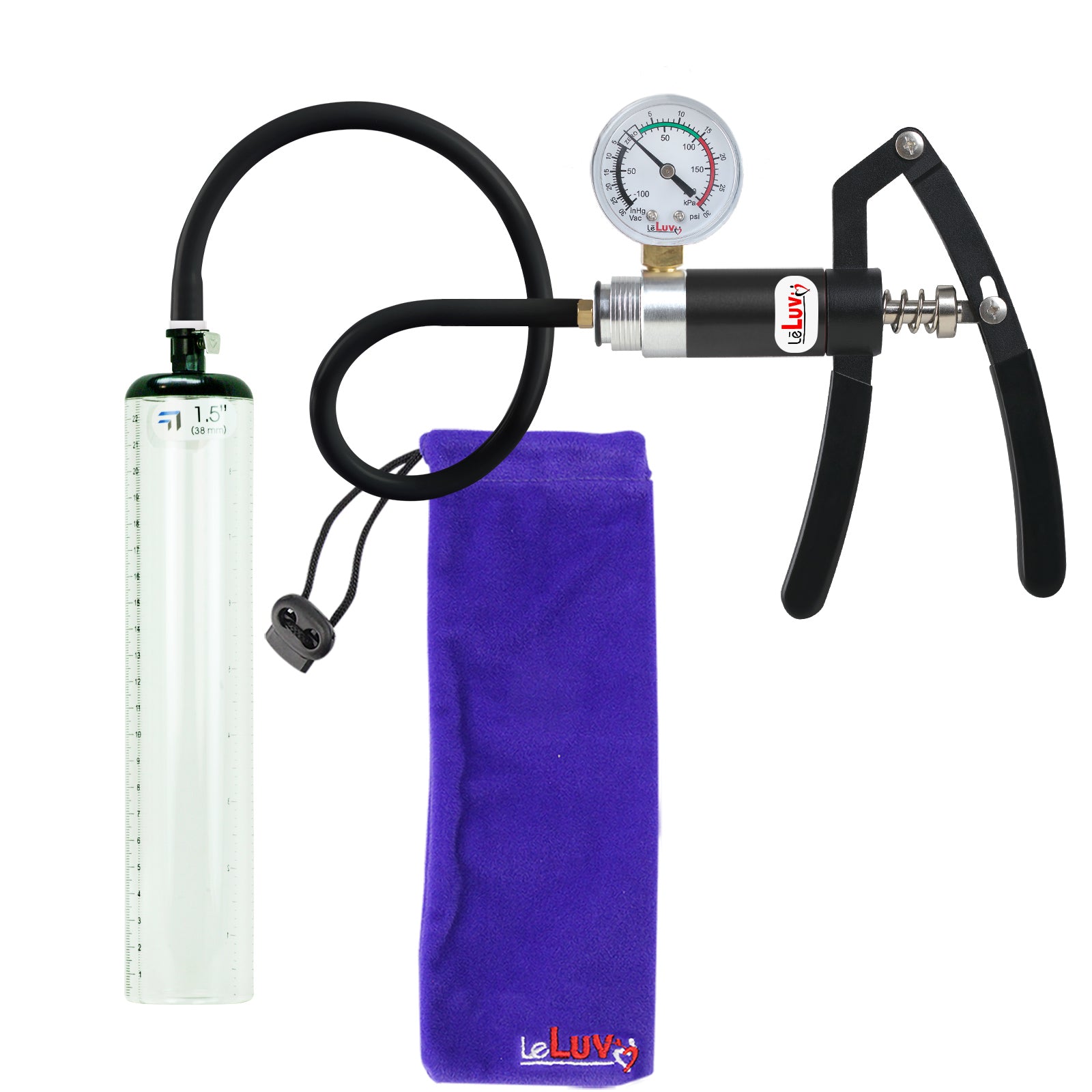 PRIMO Lite Penis Pump | Black Handle + Gauge, Silicone Hose | 9" x 1.5" Thick-Walled Penis Cylinder