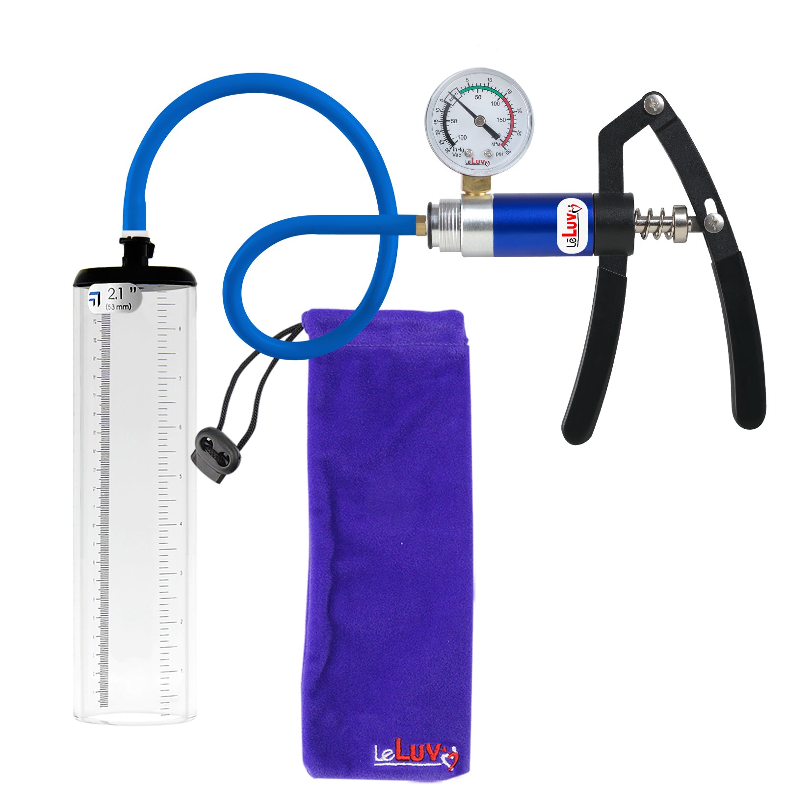 PRIMO Lite Penis Pump | Blue Handle + Gauge, Silicone Hose | 9" x 2.1" Thick-Walled Penis Cylinder