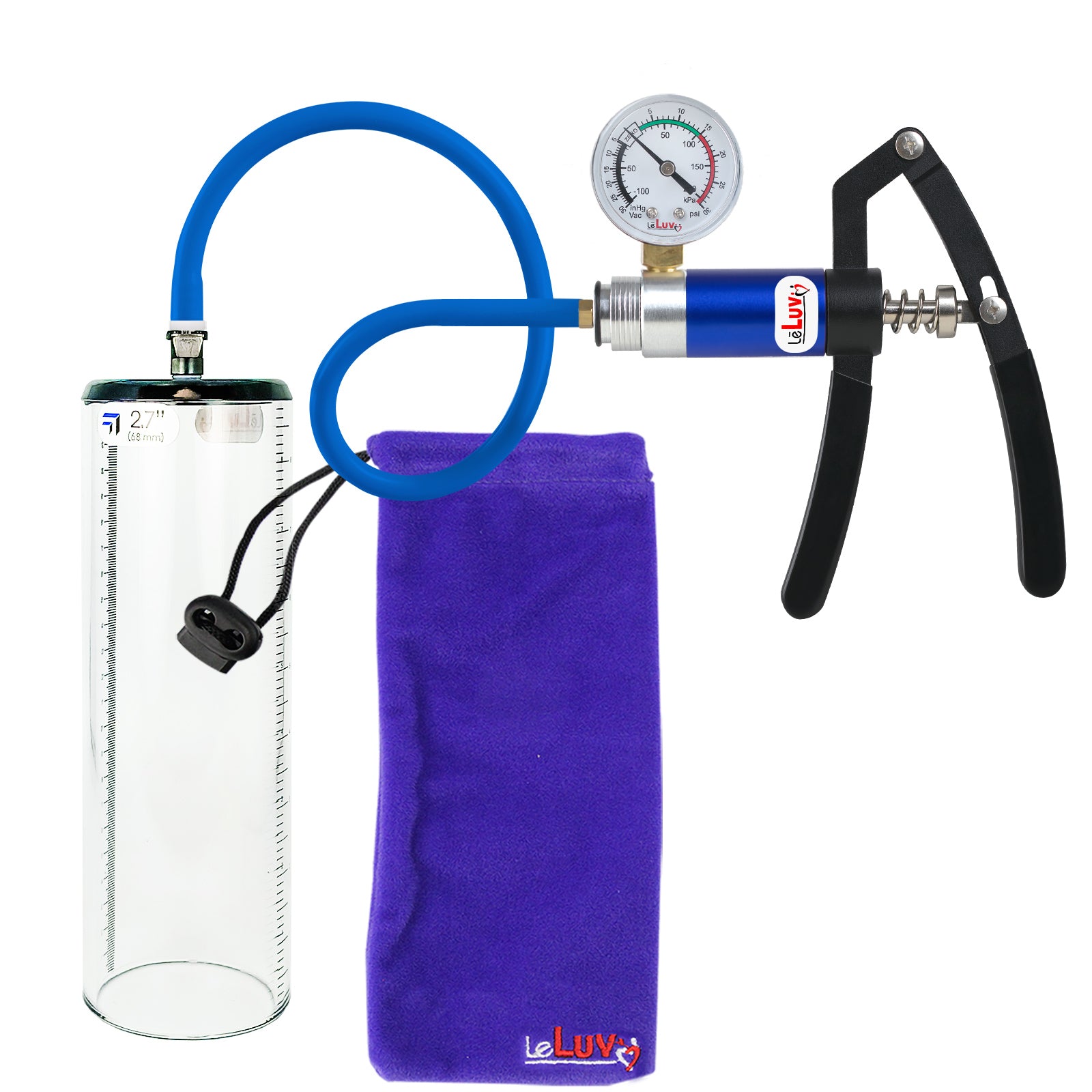 PRIMO Lite Penis Pump | Blue Handle + Gauge, Silicone Hose | 9" x 2.7" Thick-Walled Penis Cylinder