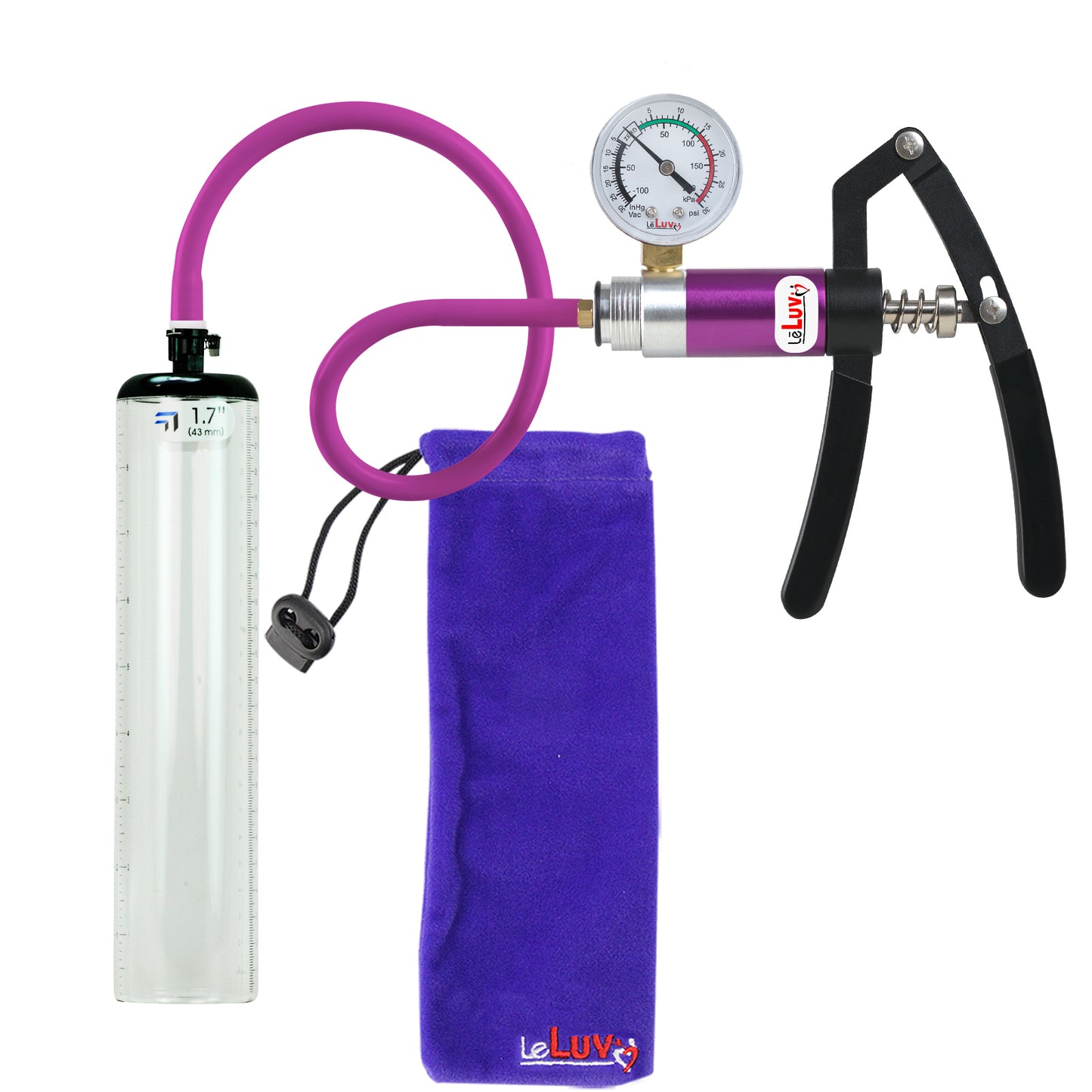 PRIMO Lite Penis Pump | Purple Handle + Gauge, Silicone Hose | 9" x 1.7" Thick-Walled Penis Cylinder