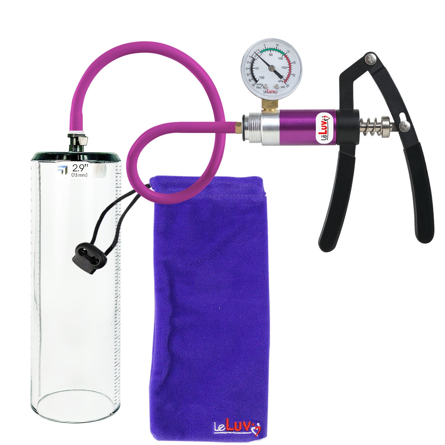 PRIMO Lite Penis Pump | Purple Handle + Gauge, Silicone Hose | 9" x 2.9" Thick-Walled Penis Cylinder