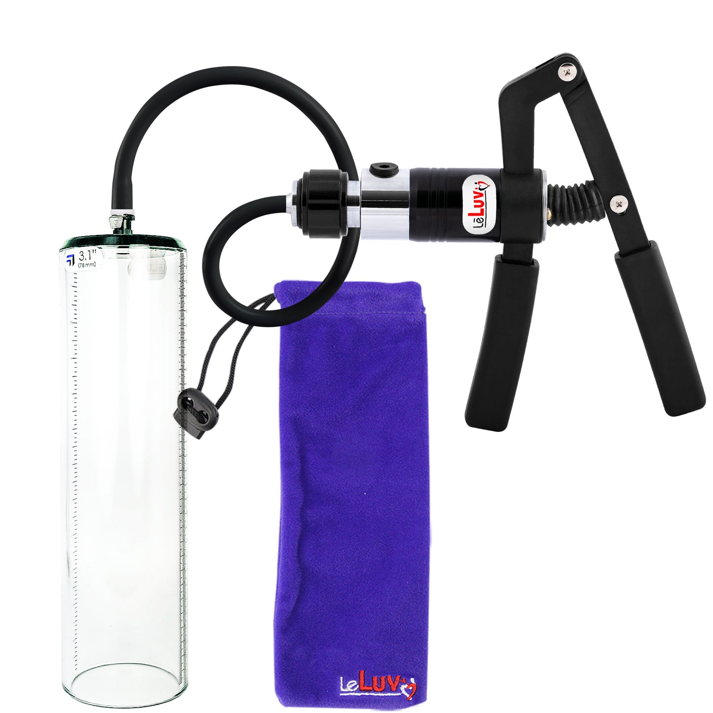 PRIMO Pro+ Handle Penis Pump | Black Handle, Silicone Hose | 12" x 3.1" Thick-Walled Penis Cylinder