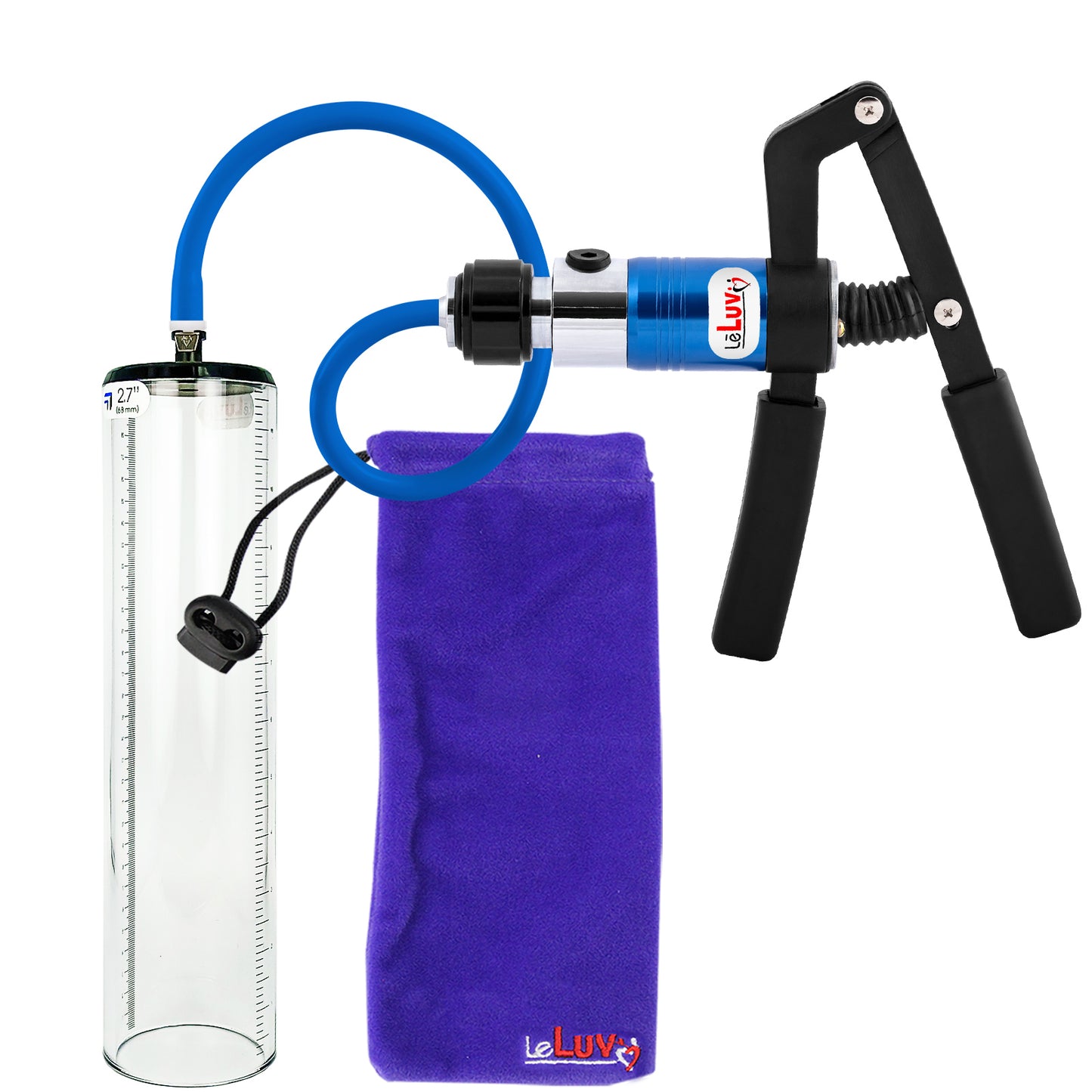 PRIMO Pro+ Handle Penis Pump | Blue Handle, Silicone Hose | 12" x 2.7" Thick-Walled Penis Cylinder