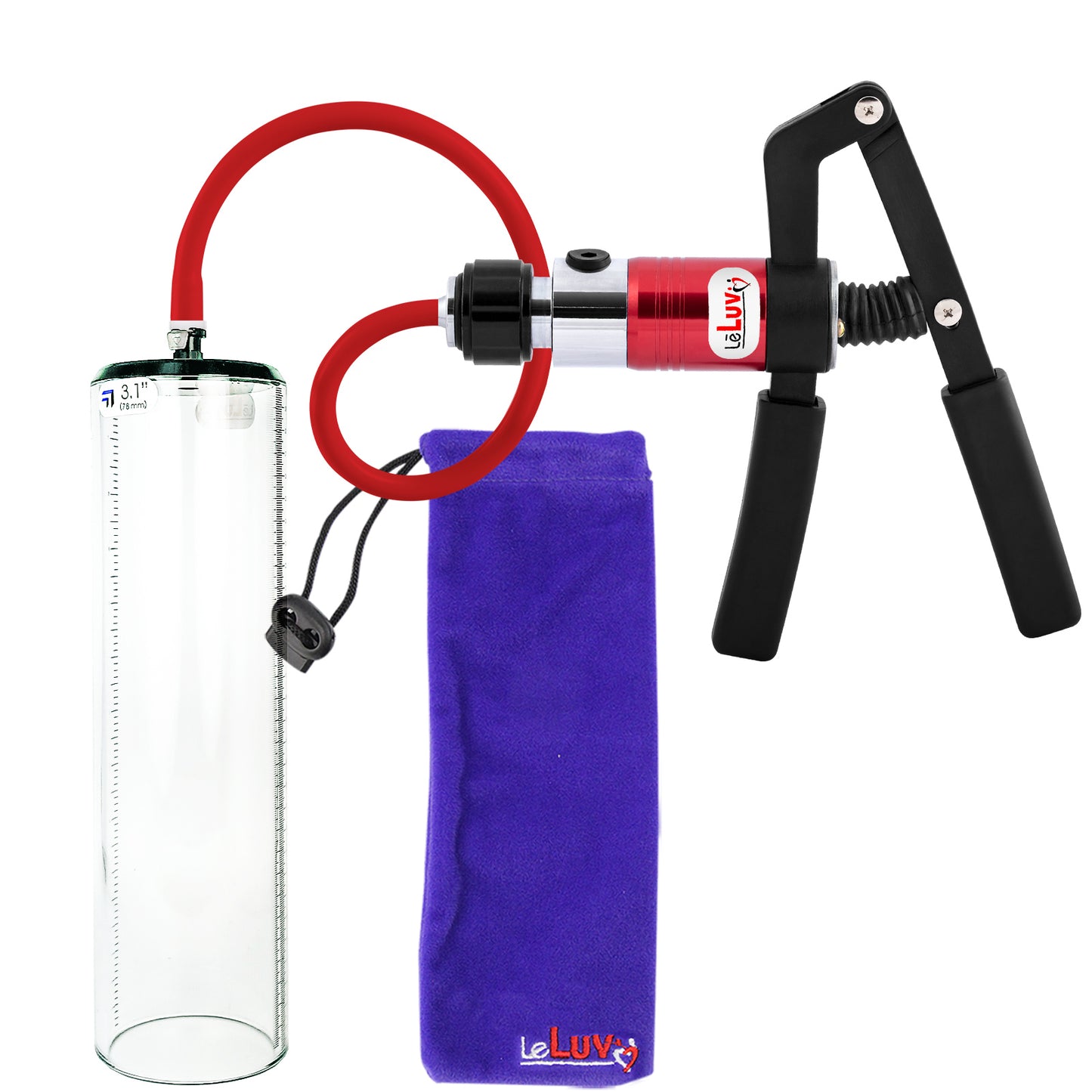 PRIMO Pro+ Handle Penis Pump | Red Handle, Silicone Hose | 12" x 3.1" Thick-Walled Penis Cylinder