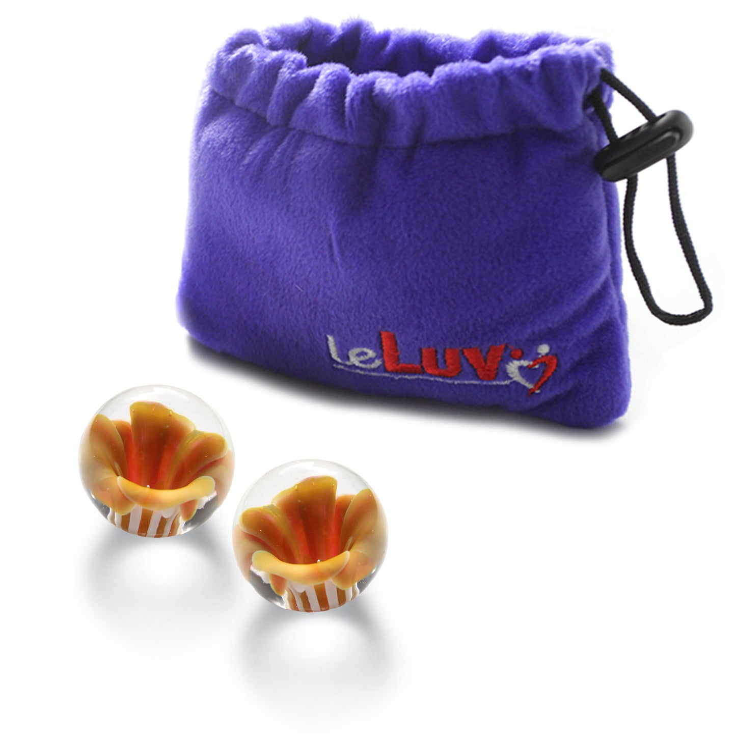 LeLuv Small Flower Design Glass Ben Wa Kegel Balls - Orange w/ Premium Padded Pouch