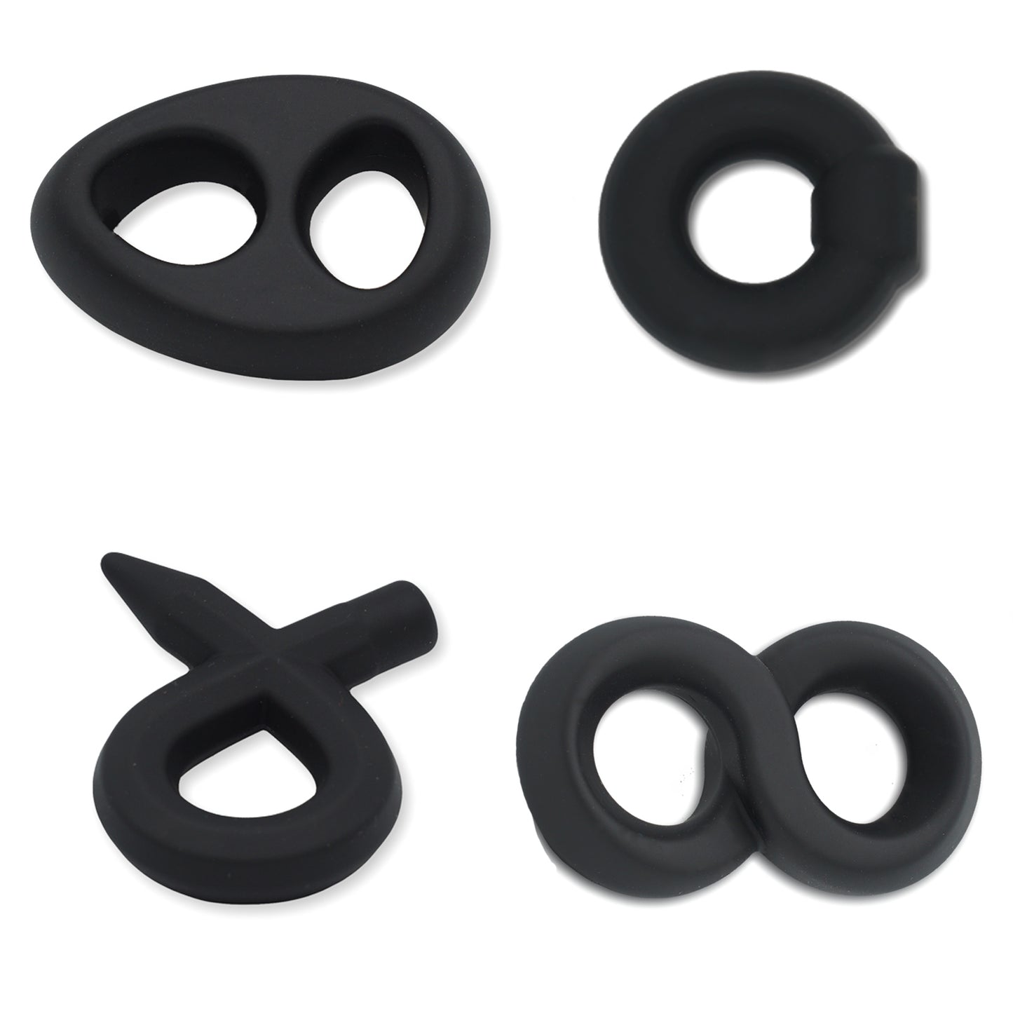 Bullring, Teardrop, Figure 8 & Pencil Silicone Cock Ring SET of 4 - Black