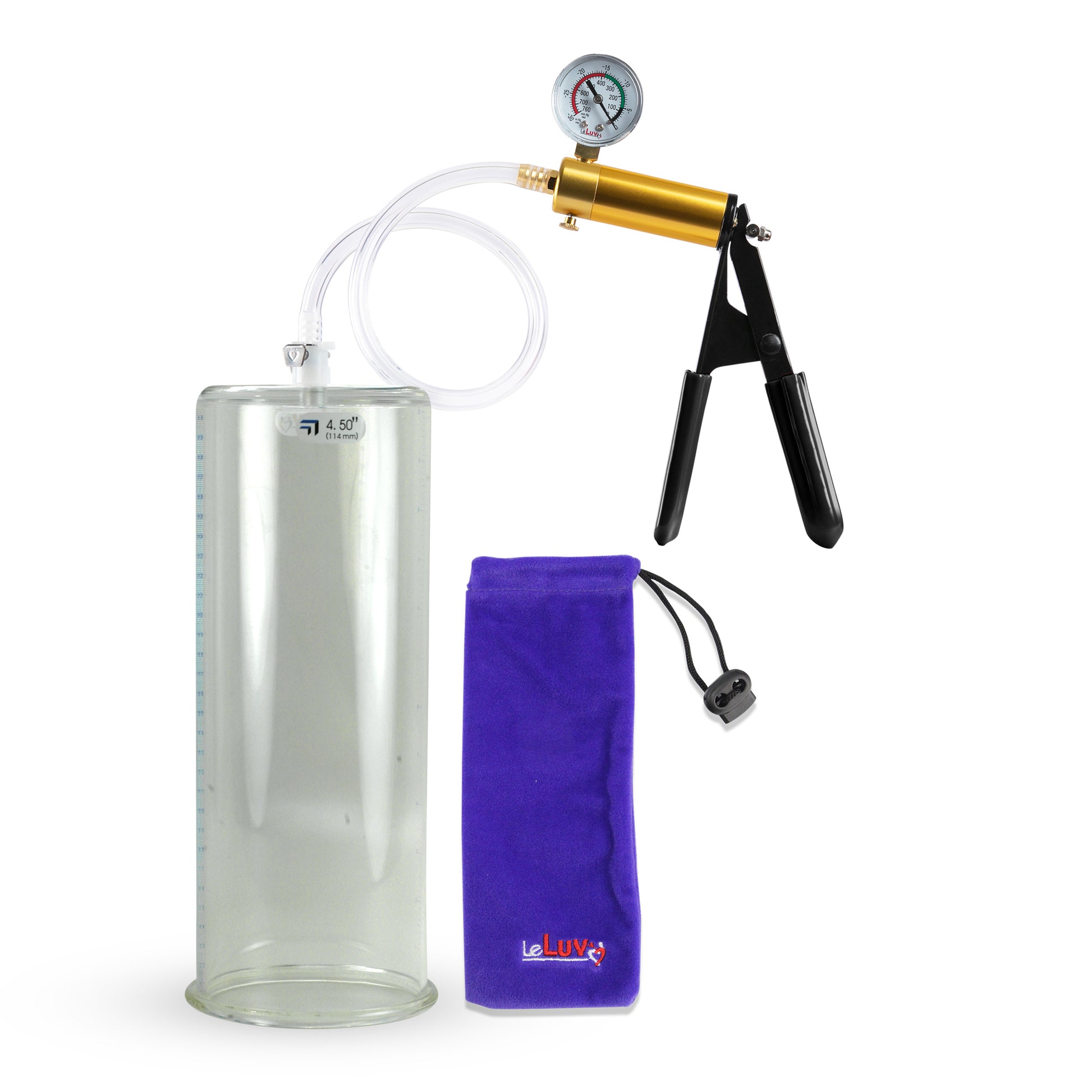 Ultima Brass Black Penis Pump | Rubber Grip, Clear Hose + Gauge | 12" x 4.50" Round Flange Cylinder 