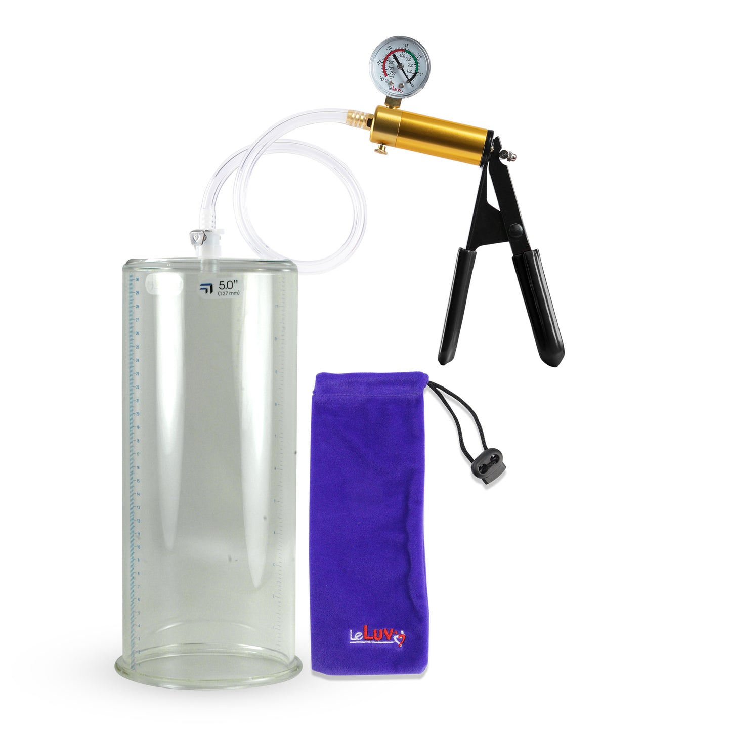 Ultima Brass Black Penis Pump | Rubber Grip, Clear Hose + Gauge | 12" x 5.00" Round Flange Cylinder 