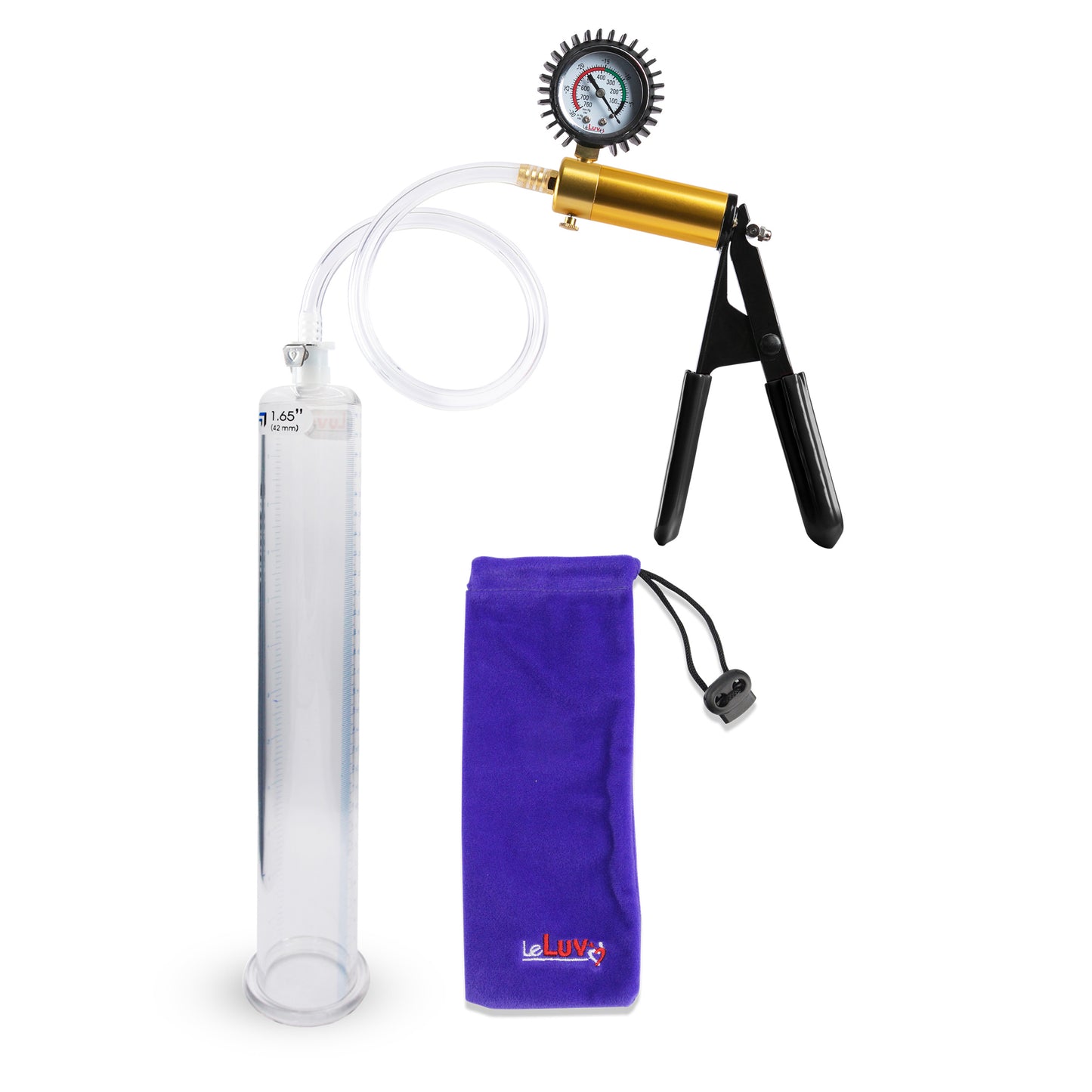 Ultima Brass Black Penis Pump | Rubber Grip, Clear Hose + Protected Gauge | 12" x 1.65" Round Flange Cylinder 