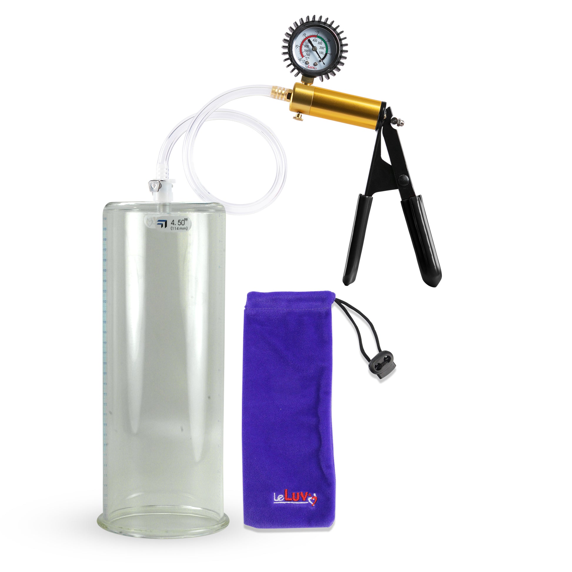 Ultima Brass Black Penis Pump | Rubber Grip, Clear Hose + Protected Gauge | 12" x 4.50" Round Flange Cylinder 