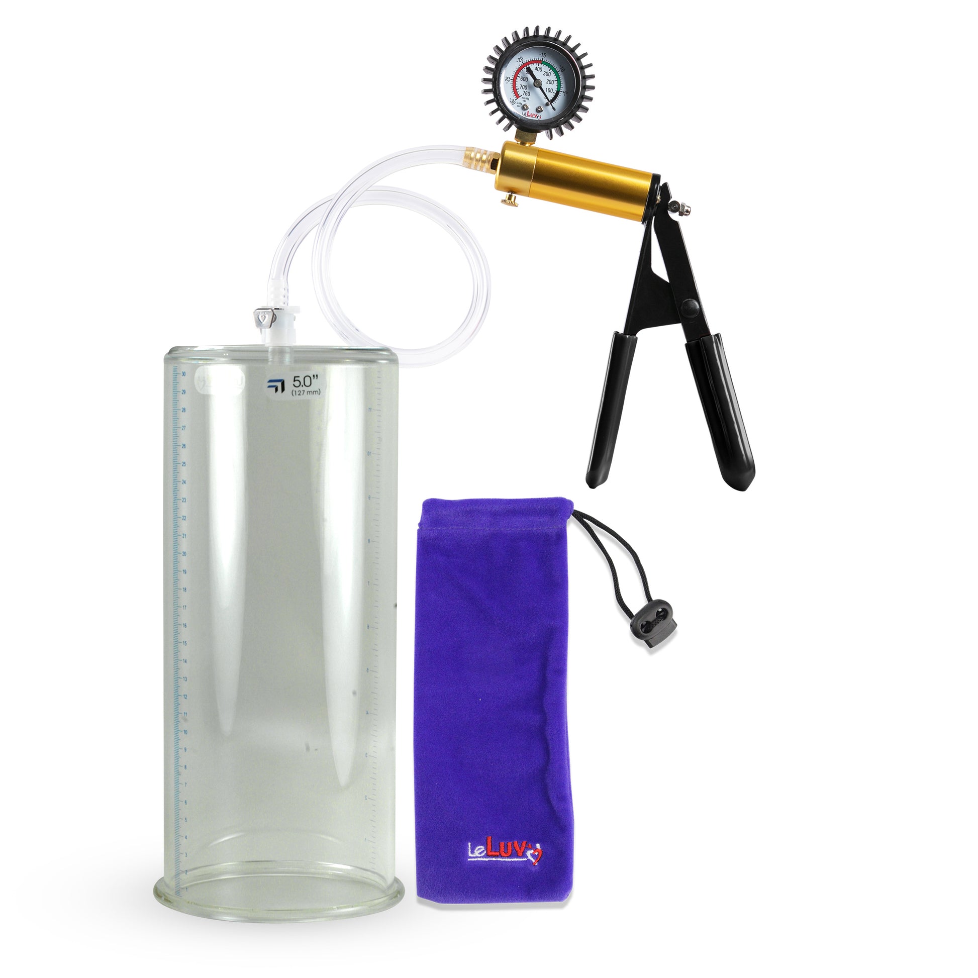 Ultima Brass Black Penis Pump | Rubber Grip, Clear Hose + Protected Gauge | 12" x 5.00" Round Flange Cylinder 
