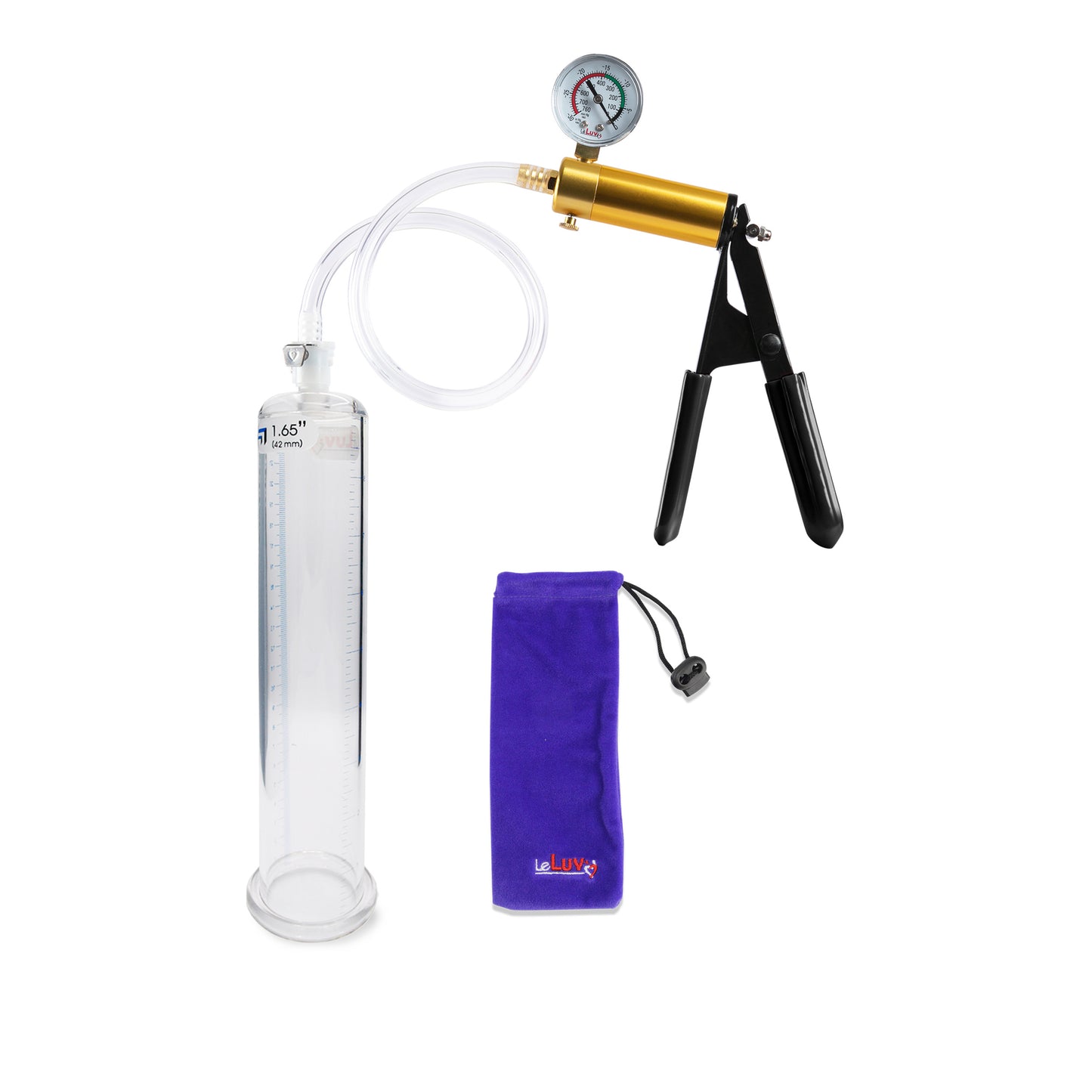 Ultima Brass Black Penis Pump | Rubber Grip, Clear Hose + Gauge | 9" x 1.65" Round Flange Cylinder 