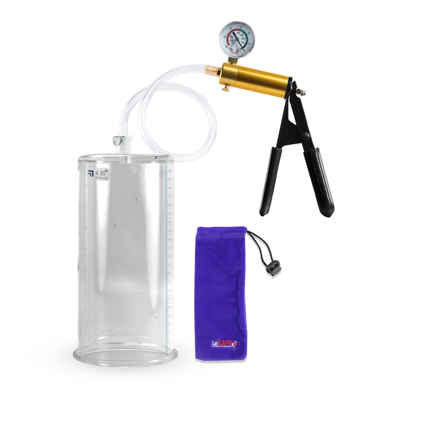 Ultima Brass Black Penis Pump | Rubber Grip, Clear Hose + Gauge | 9" x 4.50" Round Flange Cylinder 
