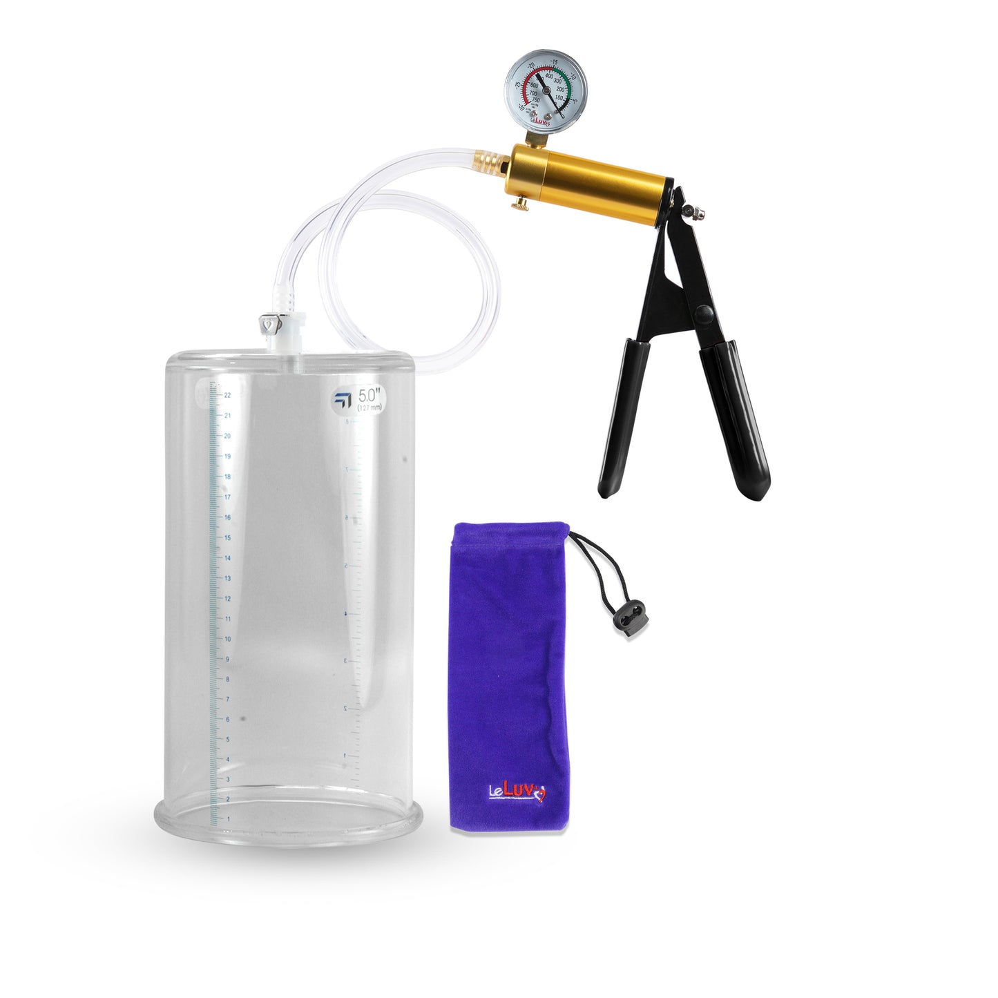 Ultima Brass Black Penis Pump | Rubber Grip, Clear Hose + Gauge | 9" x 5.00" Round Flange Cylinder 