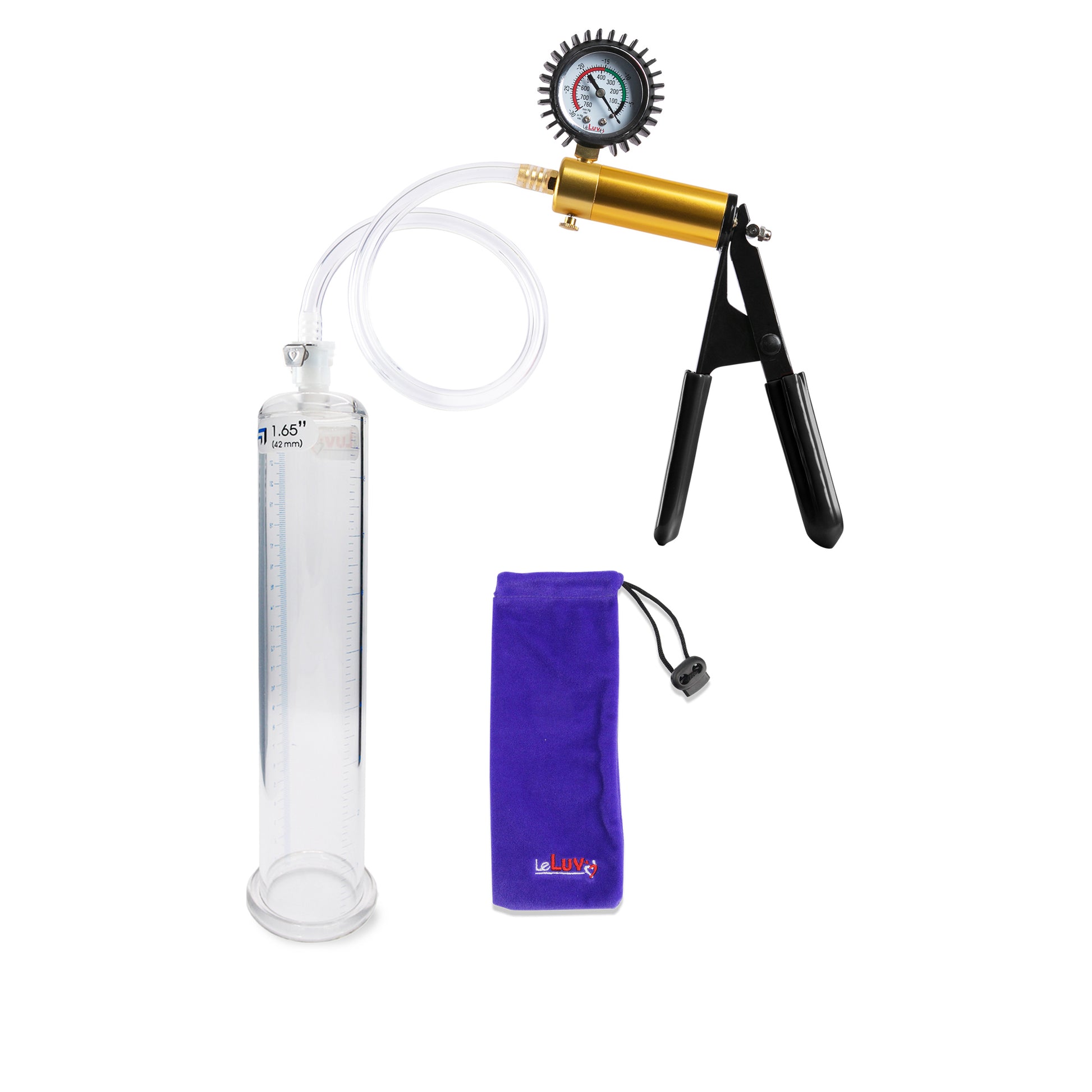 Ultima Brass Black Penis Pump | Rubber Grip, Clear Hose + Protected Gauge | 9" x 1.65" Round Flange Cylinder 
