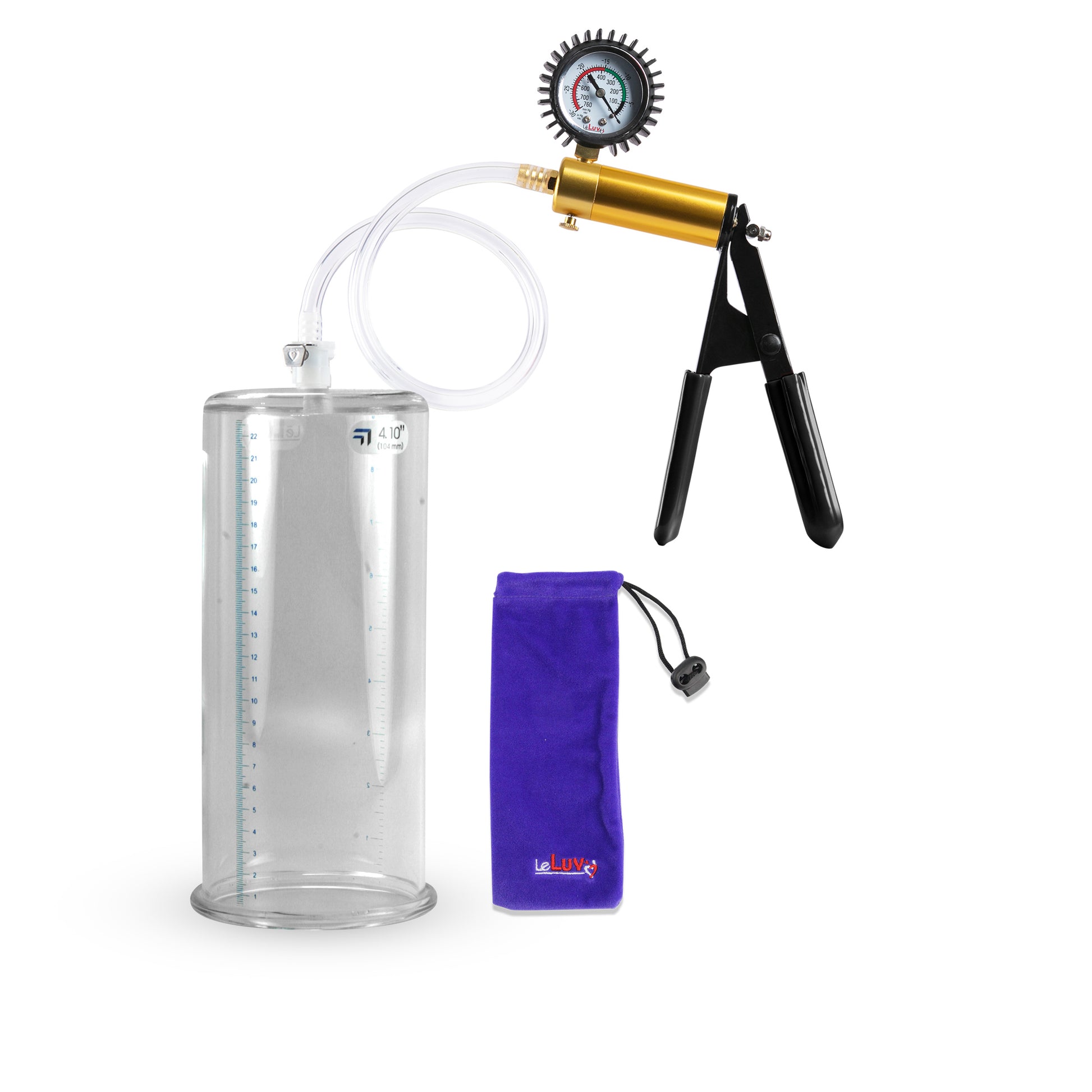 Ultima Brass Black Penis Pump | Rubber Grip, Clear Hose + Protected Gauge | 9" x 4.10" Round Flange Cylinder 
