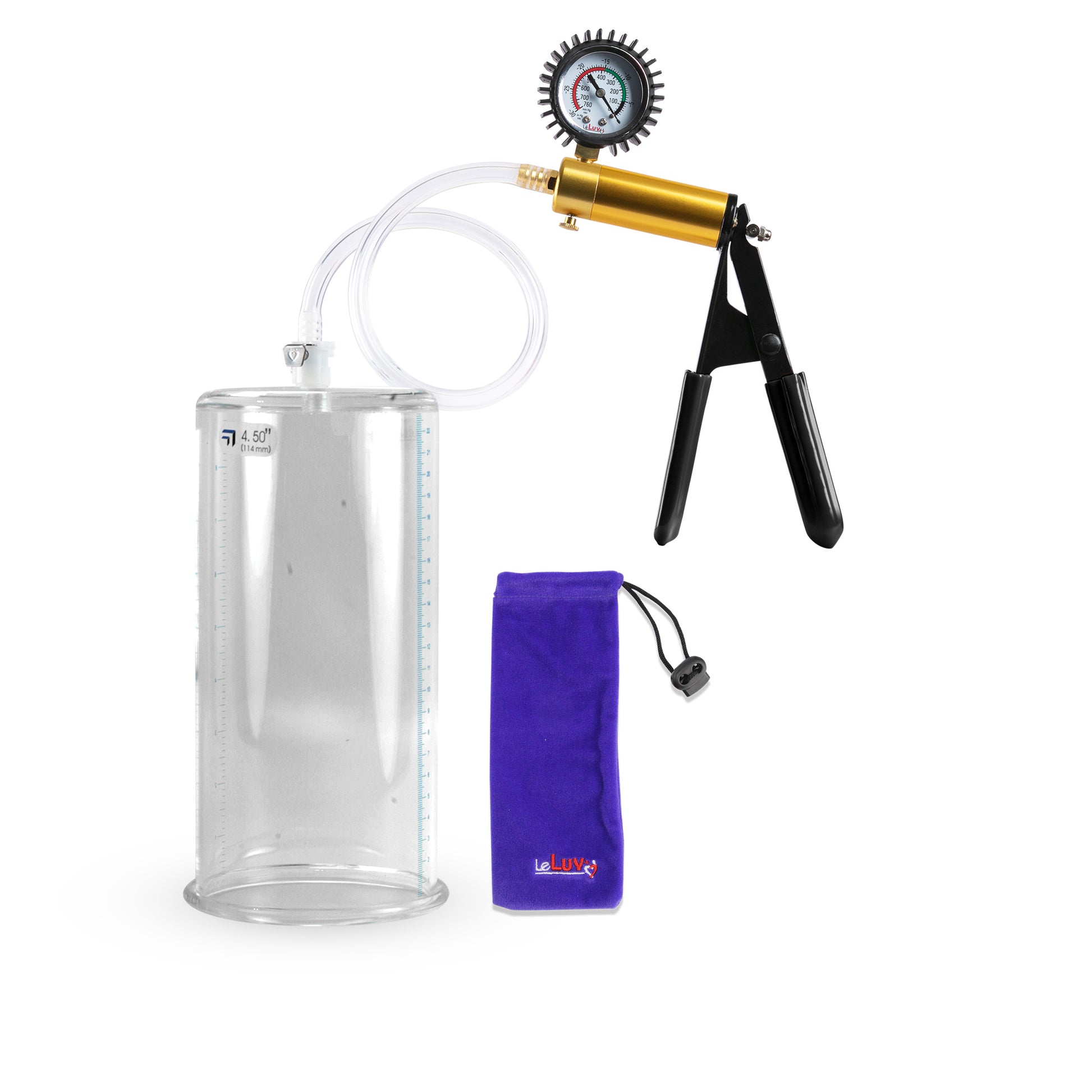 Ultima Brass Black Penis Pump | Rubber Grip, Clear Hose + Protected Gauge | 9" x 4.50" Round Flange Cylinder 