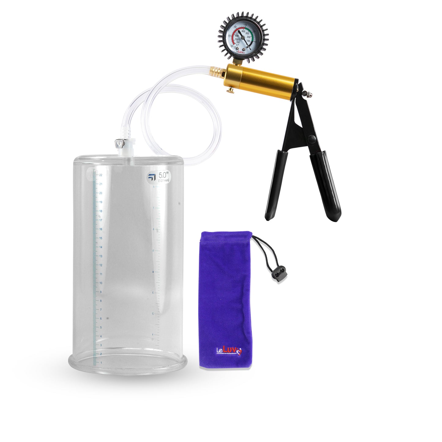 Ultima Brass Black Penis Pump | Rubber Grip, Clear Hose + Protected Gauge | 9" x 5.00" Round Flange Cylinder 