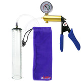 Ultima Brass Blue Penis Pump | Silicone Grip, Clear Hose + Gauge | 12" x 2.3" Thick-Walled Cylinder