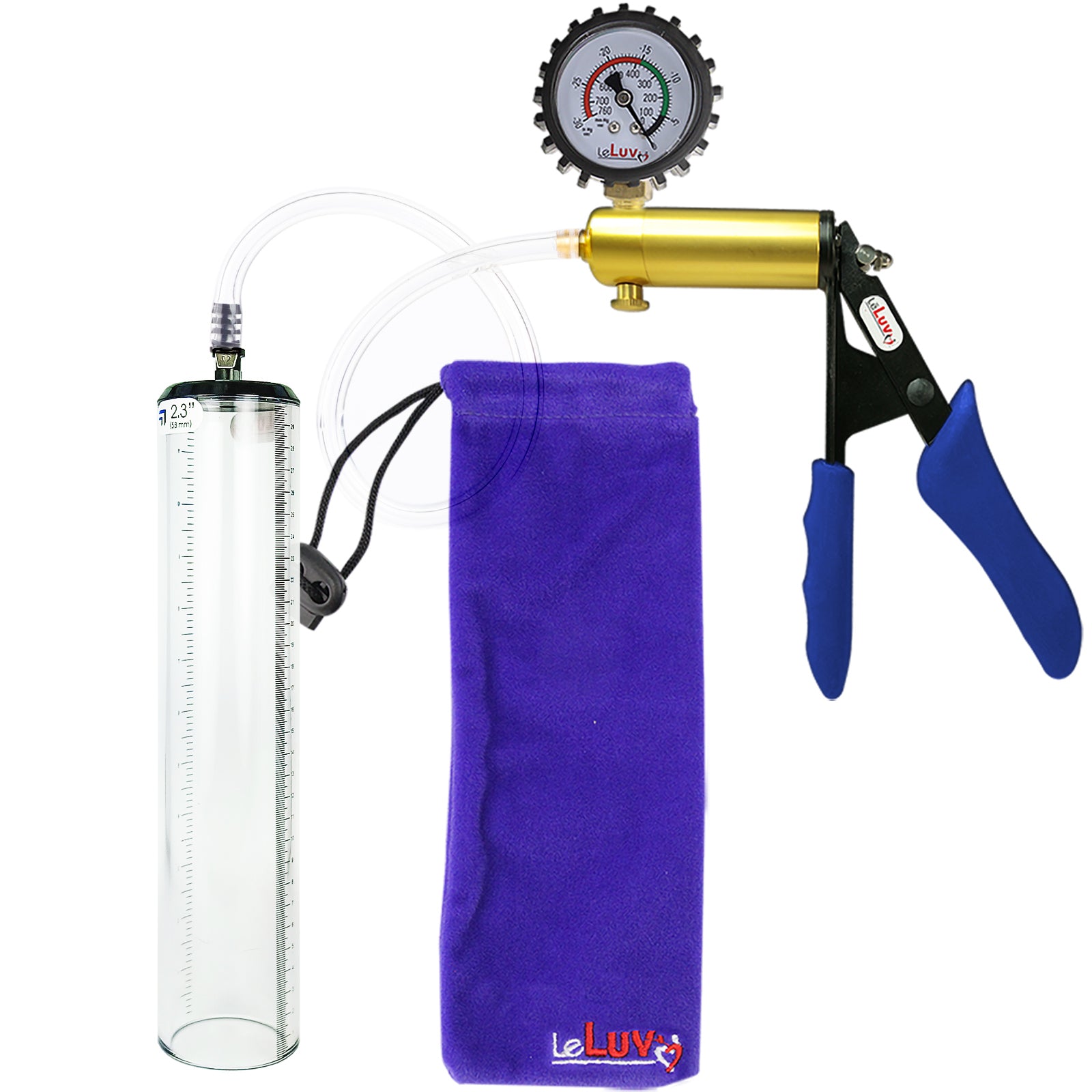 Ultima Brass Blue Penis Pump | Silicone Grip, Clear Hose + Protected Gauge | 12" x 2.3" Thick-Walled Cylinder