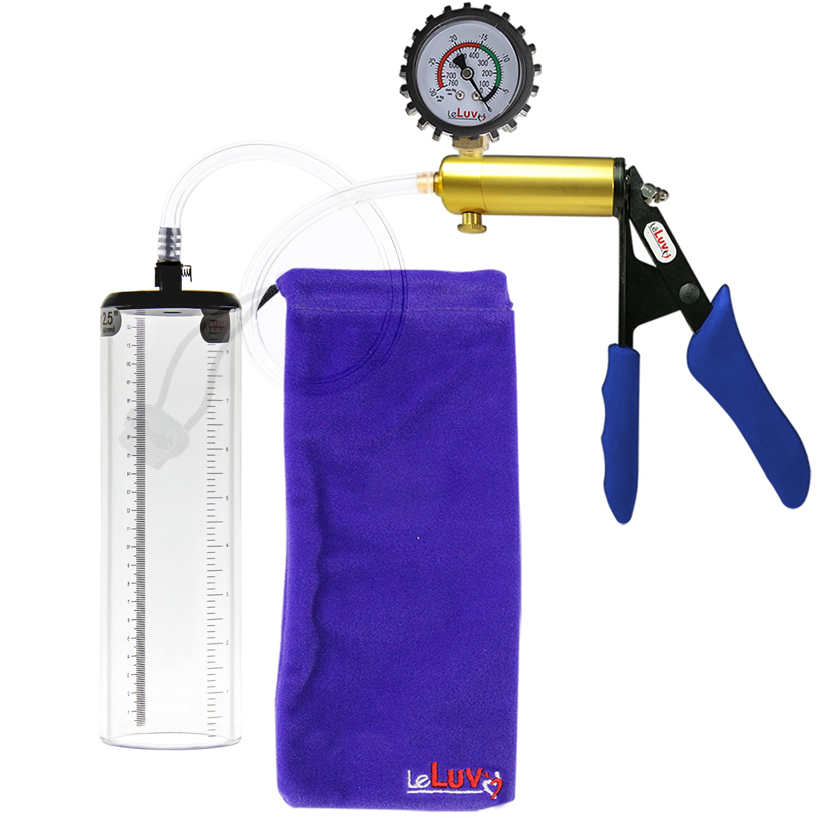 Ultima Brass Blue Penis Pump | Silicone Grip, Clear Hose + Protected Gauge | 9" x 2.5" Thick-Walled Cylinder