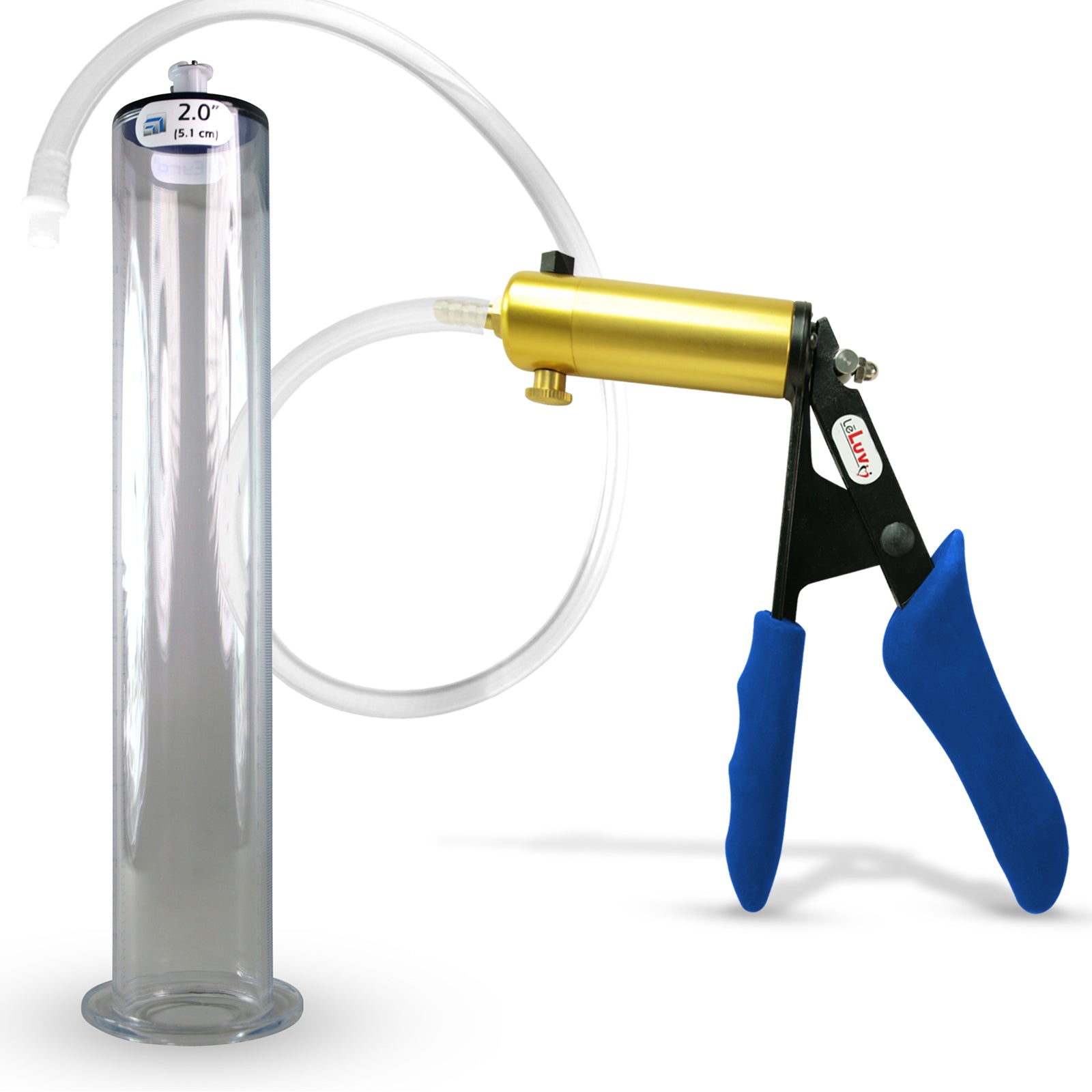 Ultima Brass Blue Silicone Grip, Clear Hose | Penis Pump + 12" x 2.00" Wide Flange Cylinder