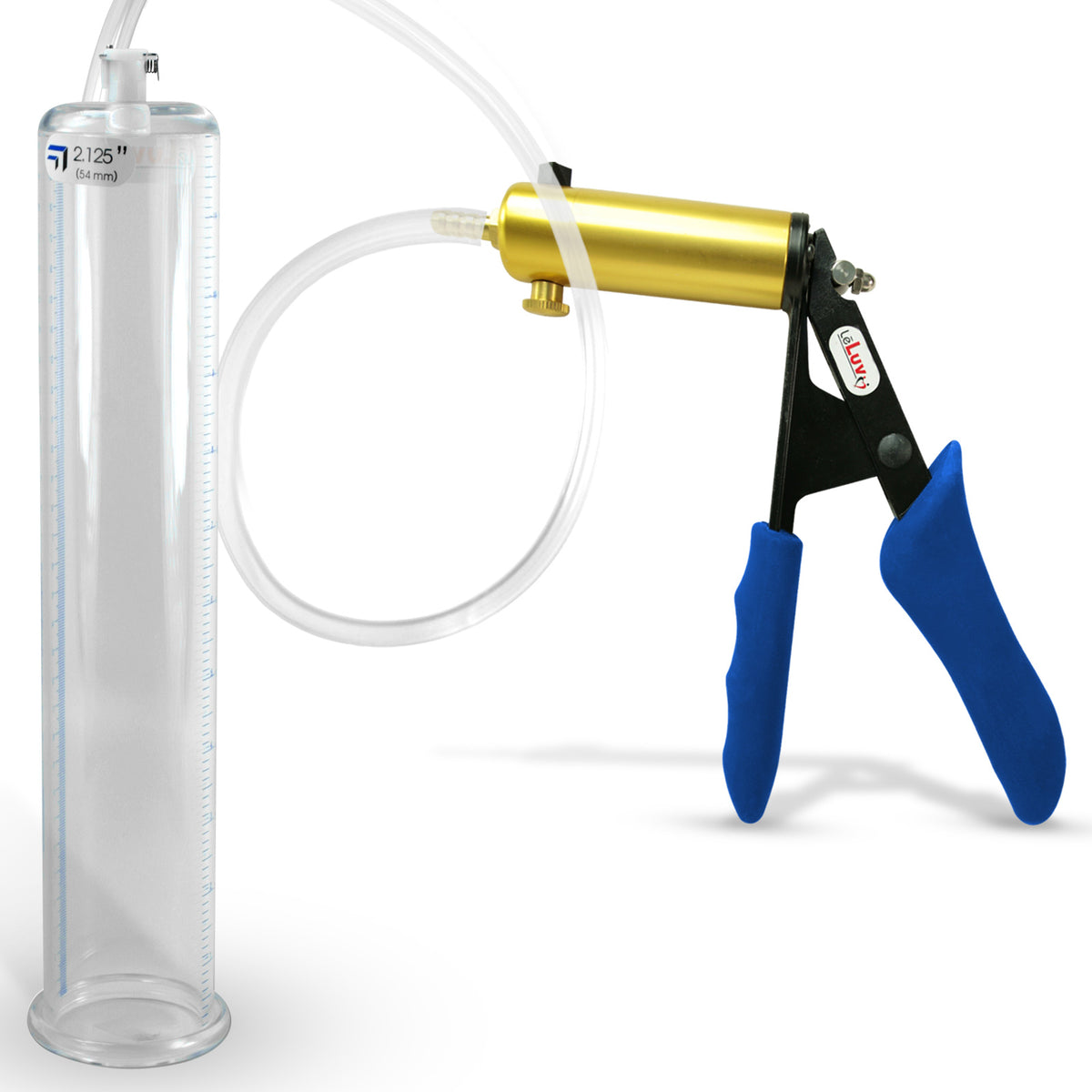 Ultima Brass Blue Silicone Grip, Clear Hose | Penis Pump + 12" x 2.125" Cylinder