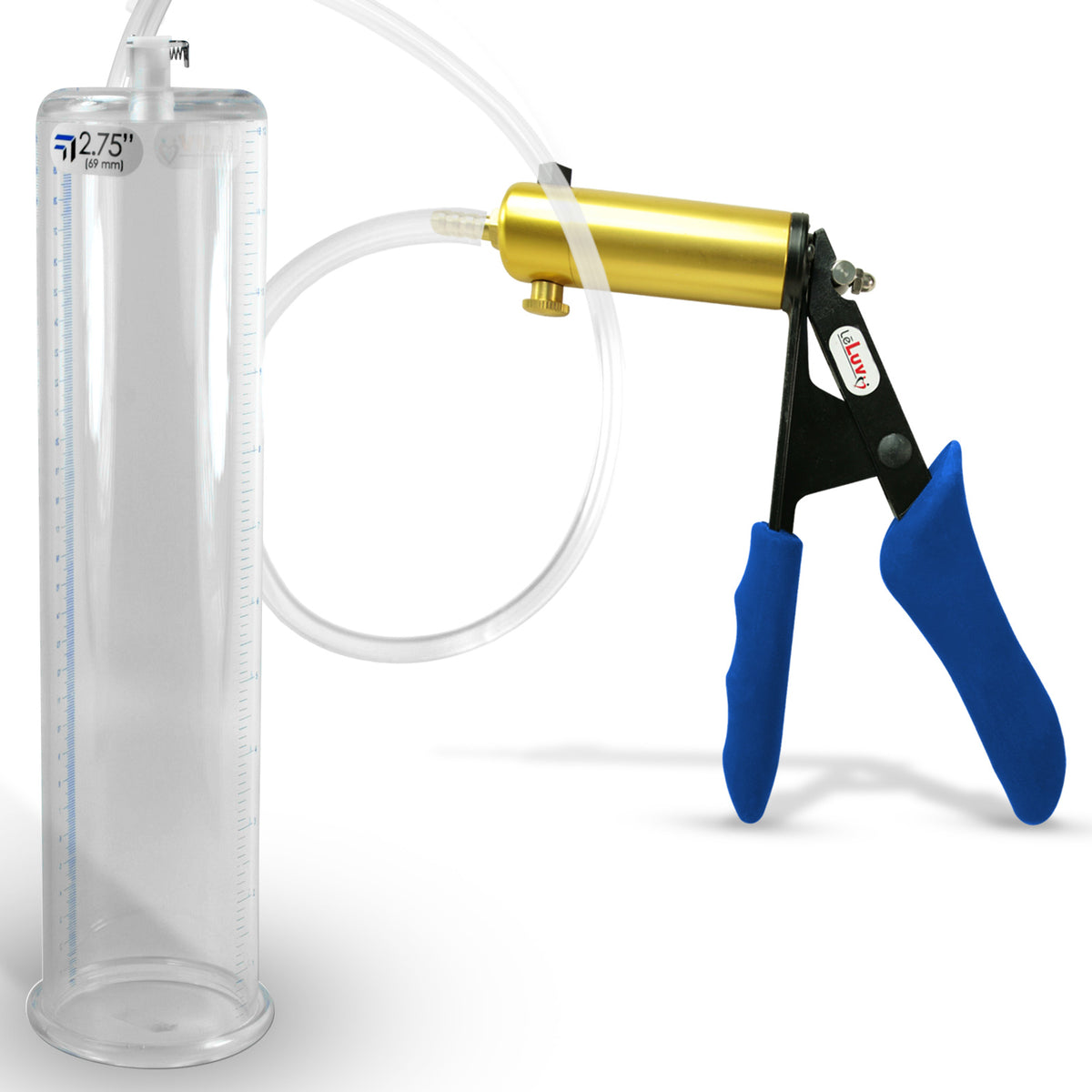 Ultima Brass Blue Silicone Grip, Clear Hose | Penis Pump + 12" x 2.75" Cylinder