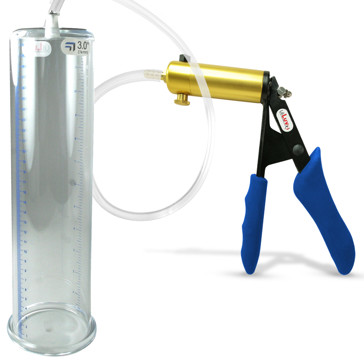 Ultima Brass Blue Silicone Grip, Clear Hose | Penis Pump + 12" x 3.00" Cylinder