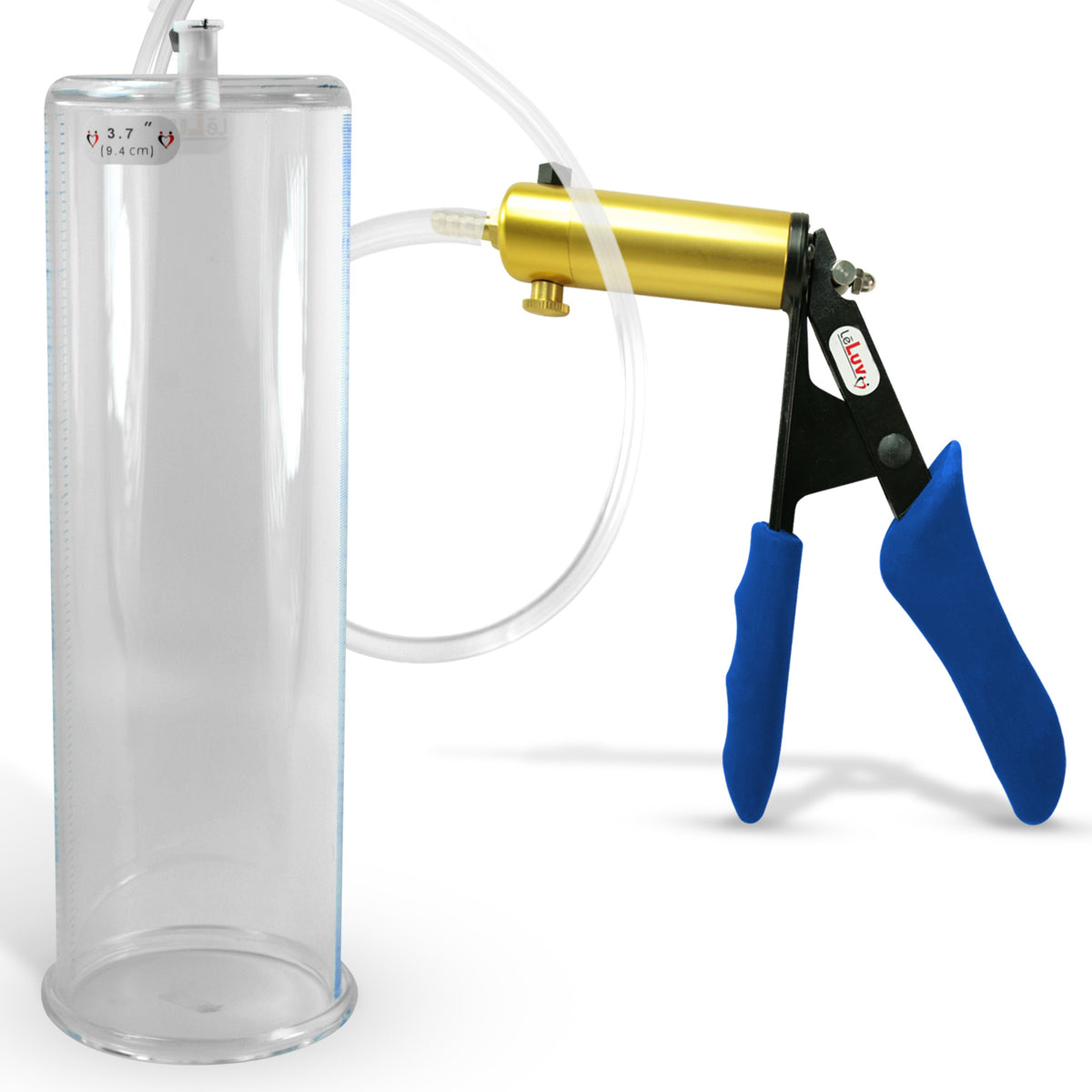 Ultima Brass Blue Silicone Grip, Clear Hose | Penis Pump + 12" x 3.70" Cylinder