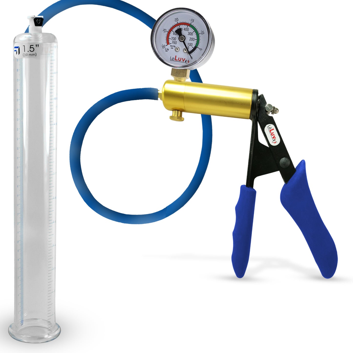 Ultima Brass Blue Silicone Grip, Silicone Hose | Penis Pump + Gauge | 12" x 1.50" Cylinder