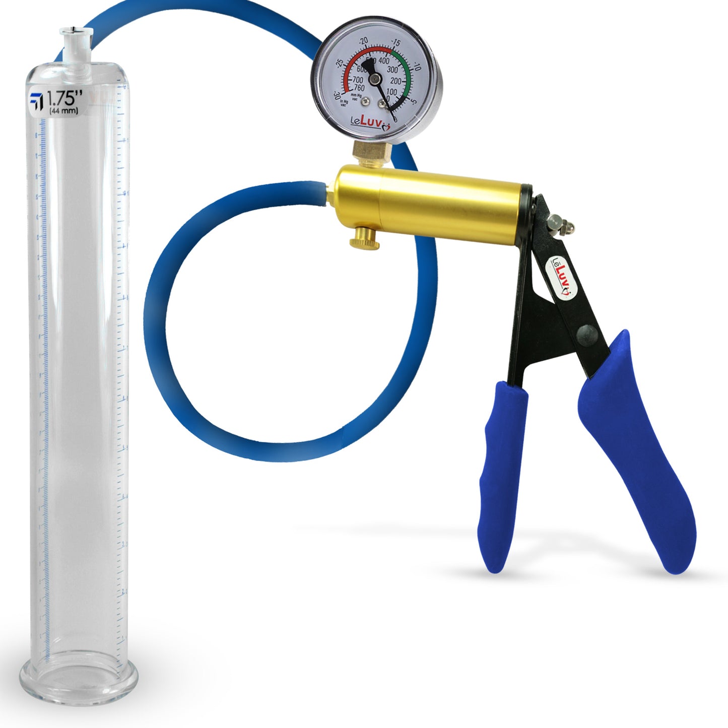 Ultima Brass Blue Silicone Grip, Silicone Hose | Penis Pump + Gauge | 12" x 1.75" Cylinder