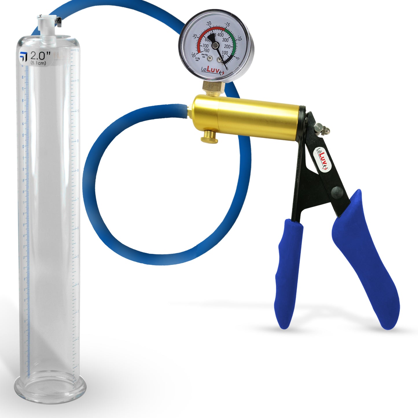 Ultima Brass Blue Silicone Grip, Silicone Hose | Penis Pump + Gauge | 12" x 2.00" Cylinder