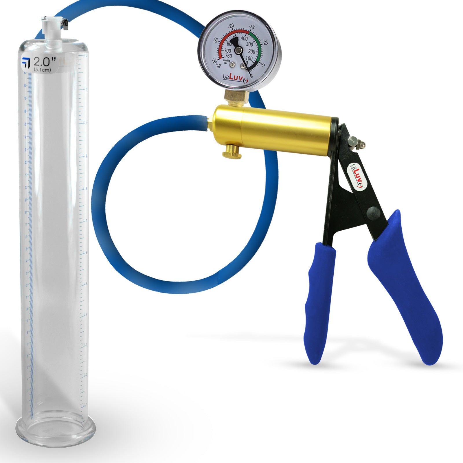 Ultima Brass Blue Silicone Grip, Silicone Hose | Penis Pump + Gauge | 12" x 2.00" Cylinder