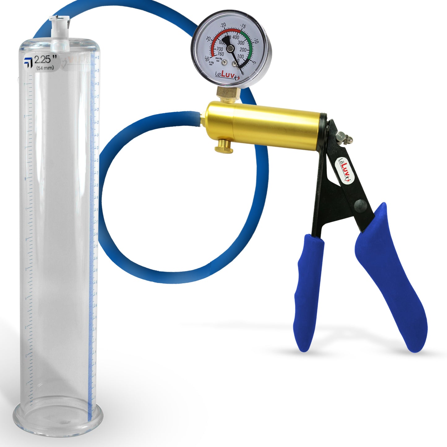 Ultima Brass Blue Silicone Grip, Silicone Hose | Penis Pump + Gauge | 12" x 2.25" Cylinder