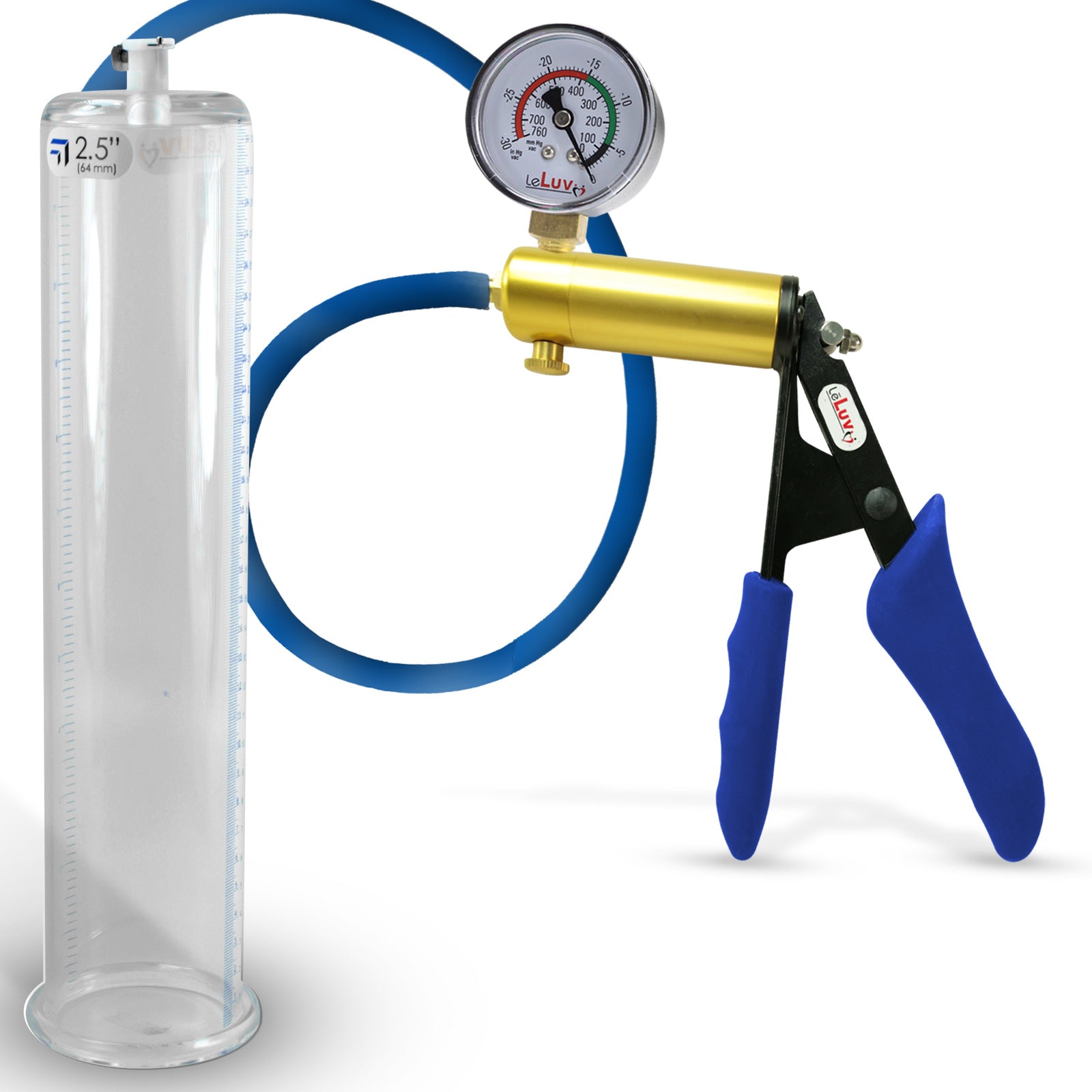 Ultima Brass Blue Silicone Grip, Silicone Hose | Penis Pump + Gauge | 12" x 2.50" Cylinder