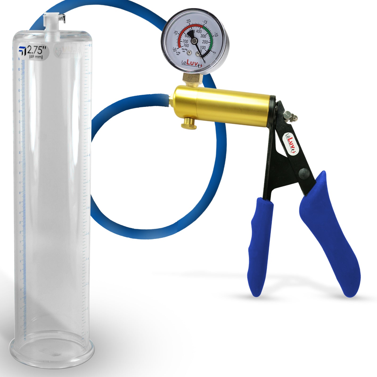 Ultima Brass Blue Silicone Grip, Silicone Hose | Penis Pump + Gauge | 12" x 2.75" Cylinder