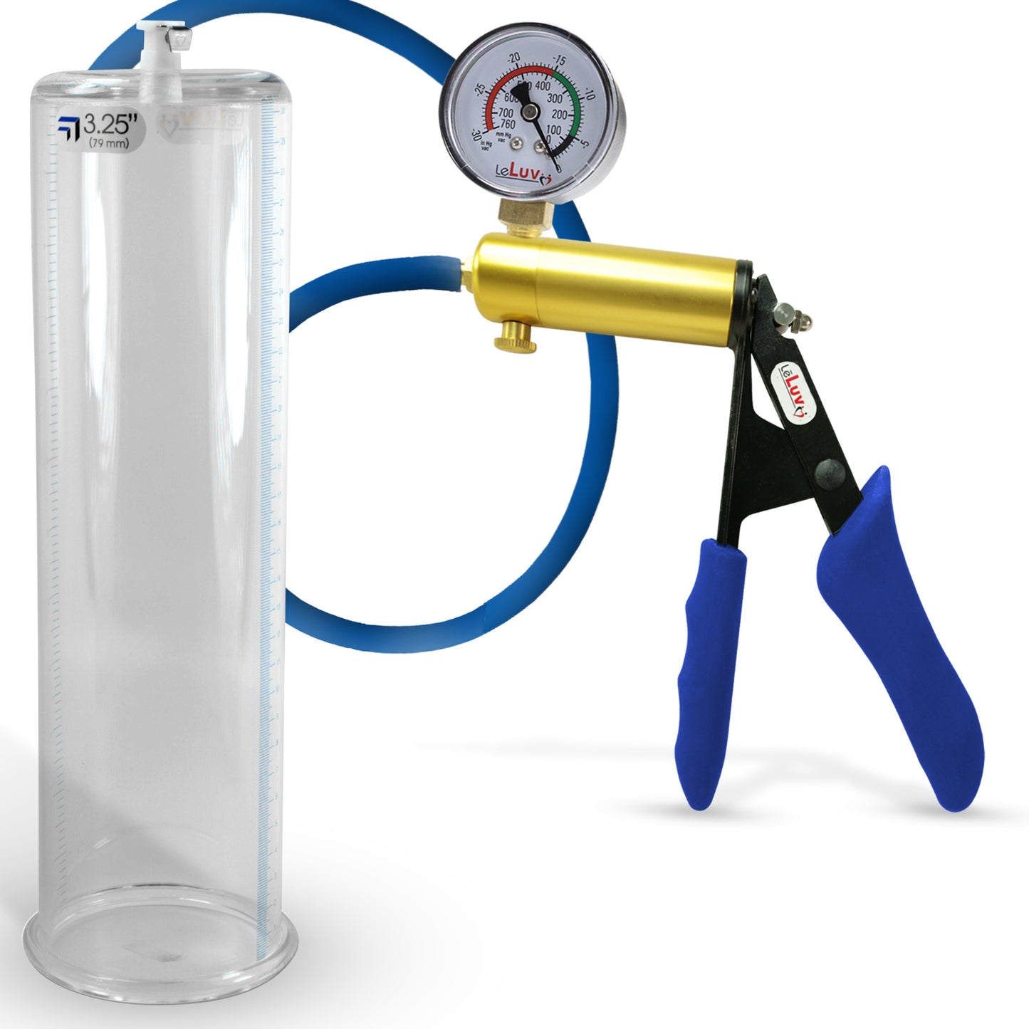 Ultima Brass Blue Silicone Grip, Silicone Hose | Penis Pump + Gauge | 12" x 3.25" Cylinder