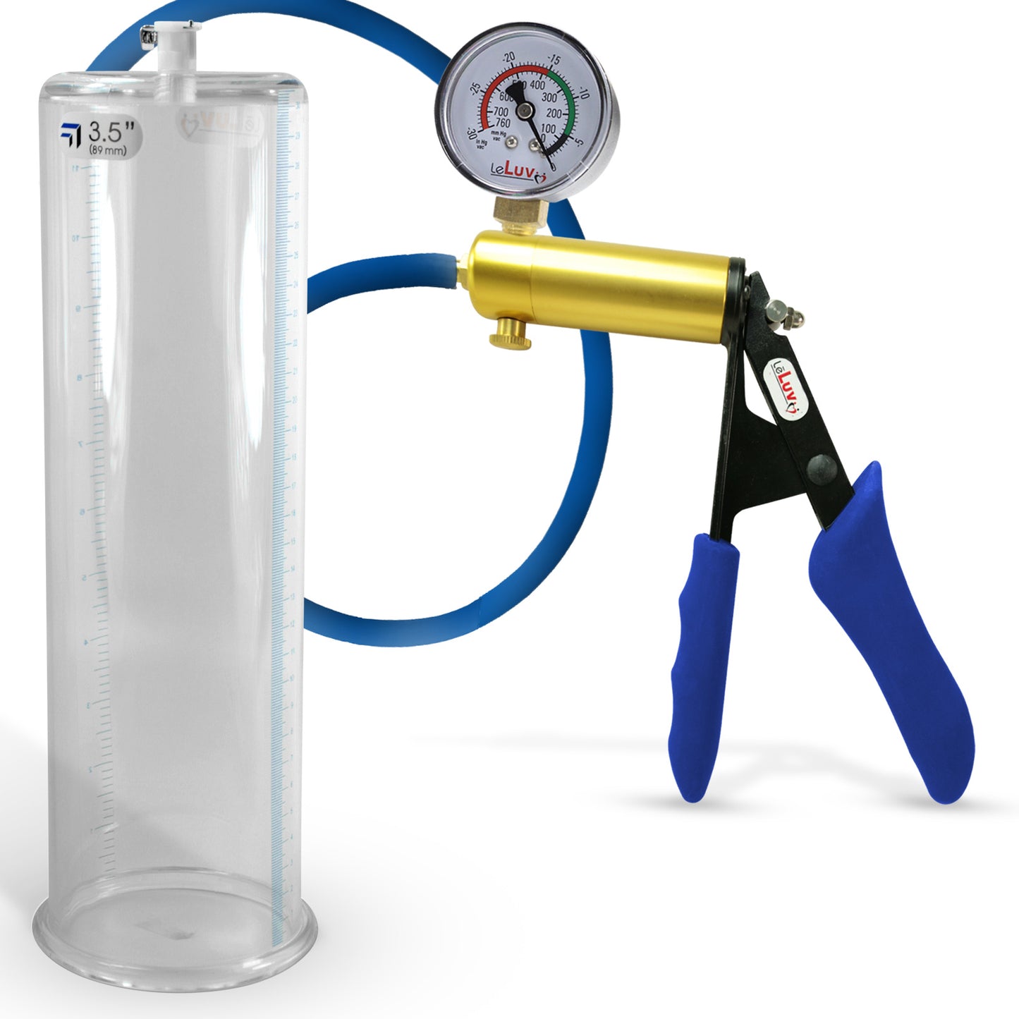 Ultima Brass Blue Silicone Grip, Silicone Hose | Penis Pump + Gauge | 12" x 3.50" Cylinder