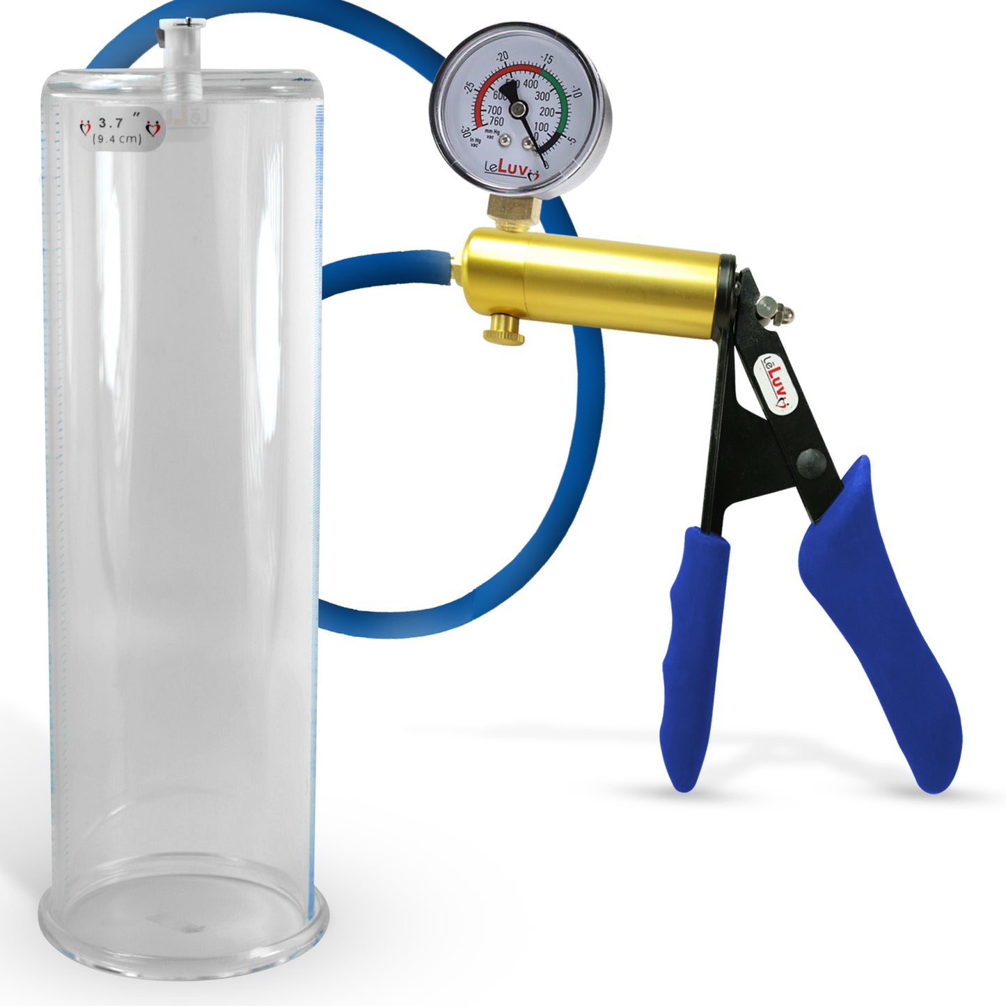 Ultima Brass Blue Silicone Grip, Silicone Hose | Penis Pump + Gauge | 12" x 3.70" Cylinder