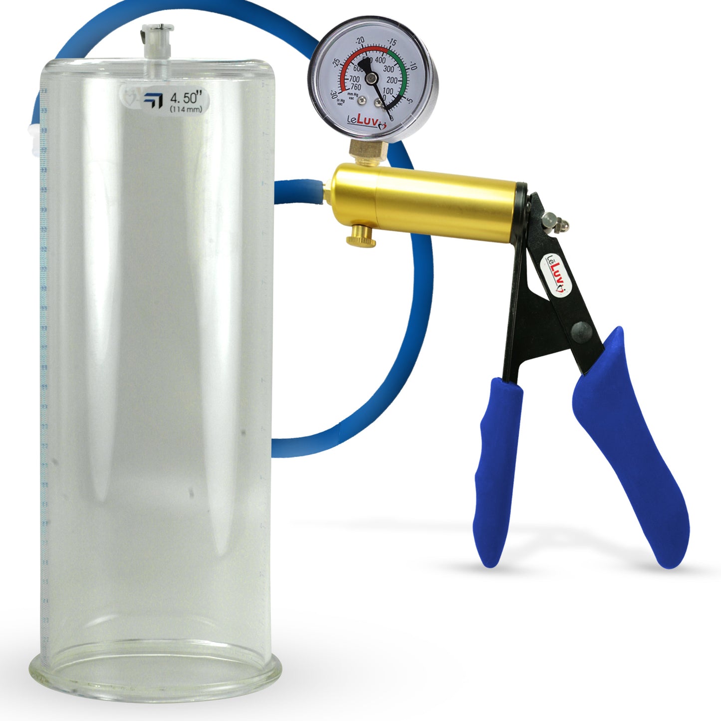 Ultima Brass Blue Silicone Grip, Silicone Hose | Penis Pump + Gauge | 12" x 4.50" Cylinder