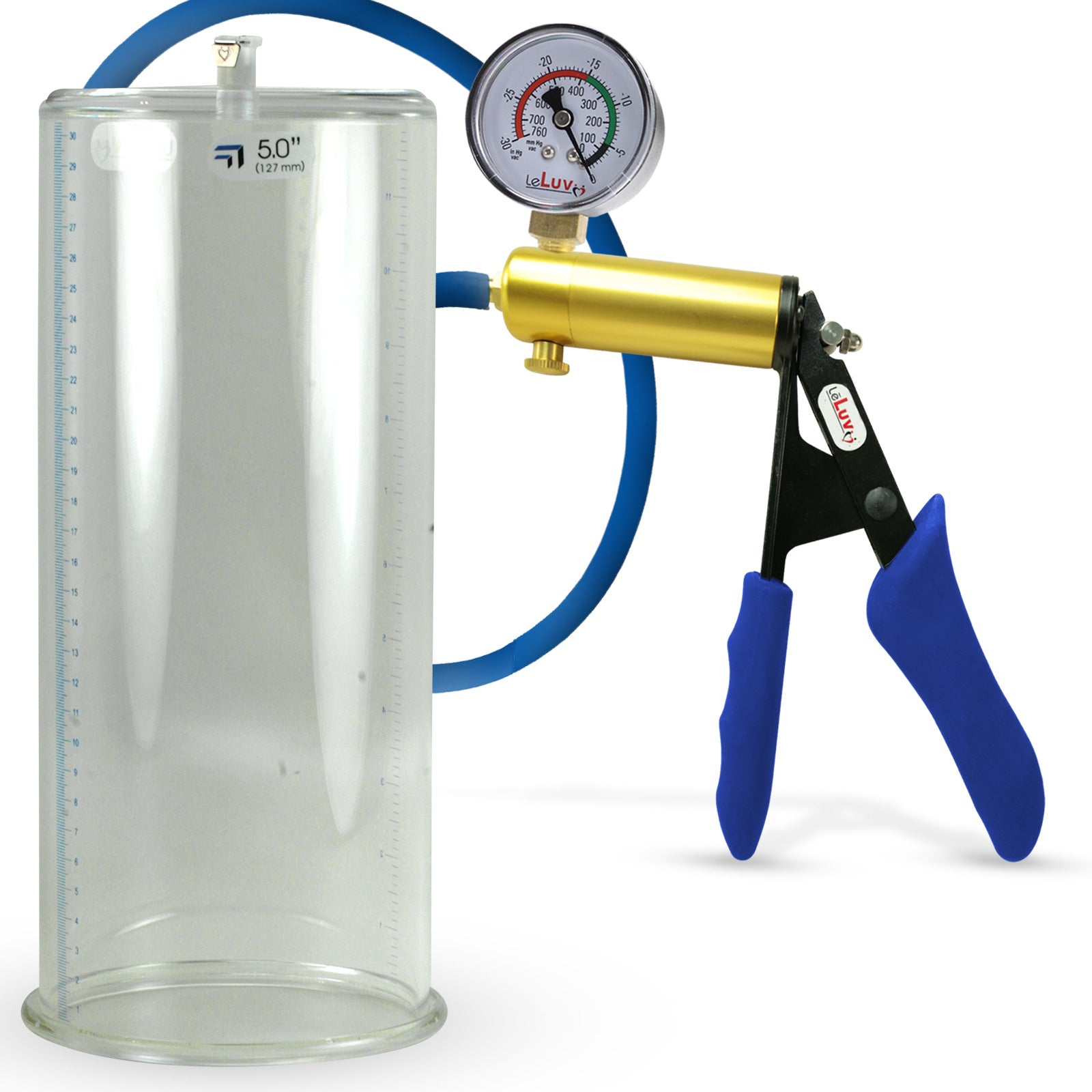 Ultima Brass Blue Silicone Grip, Silicone Hose | Penis Pump + Gauge | 12" x 5.00" Cylinder