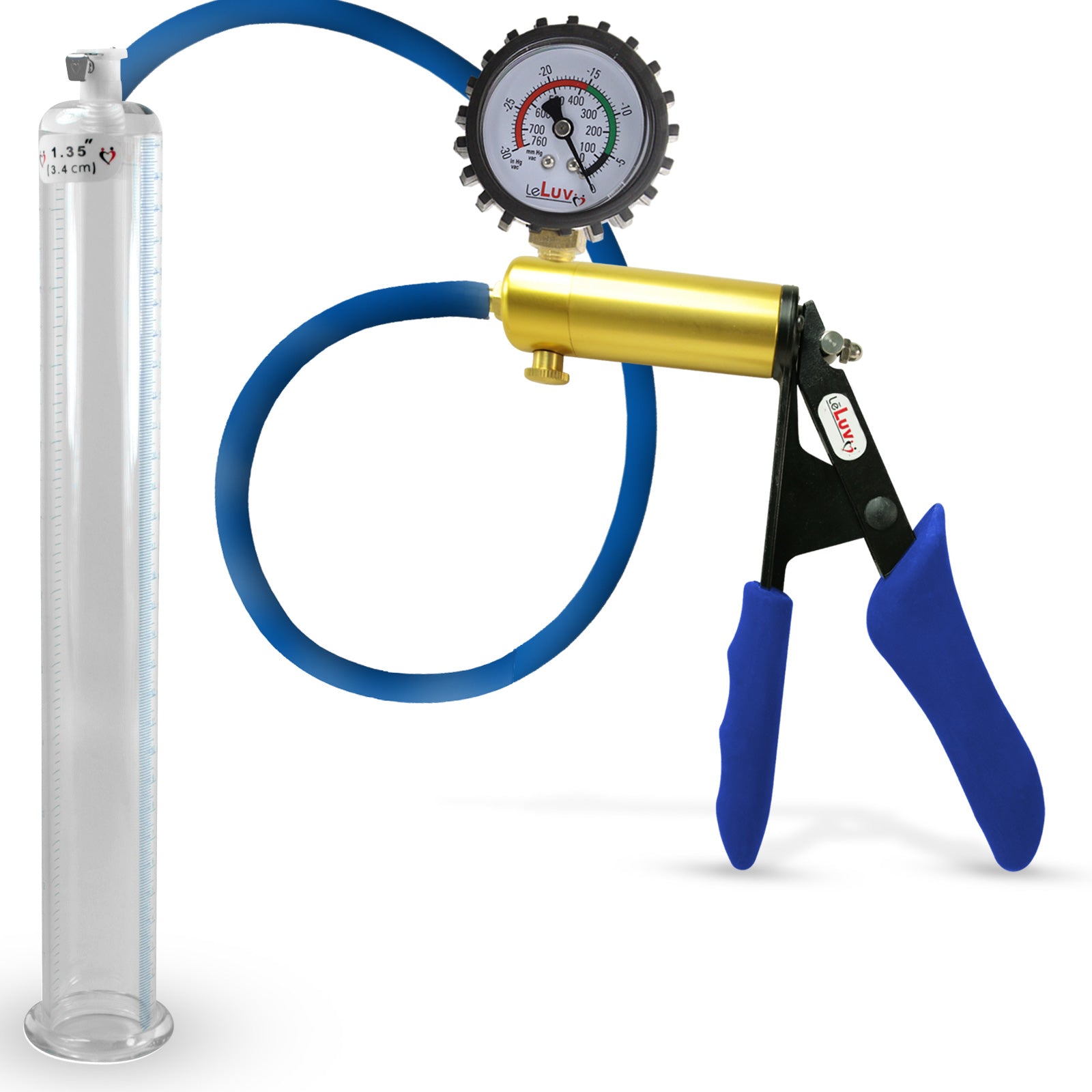 Ultima Brass Blue Silicone Grip, Silicone Hose | Penis Pump + Protected Gauge | 12" 1.35"