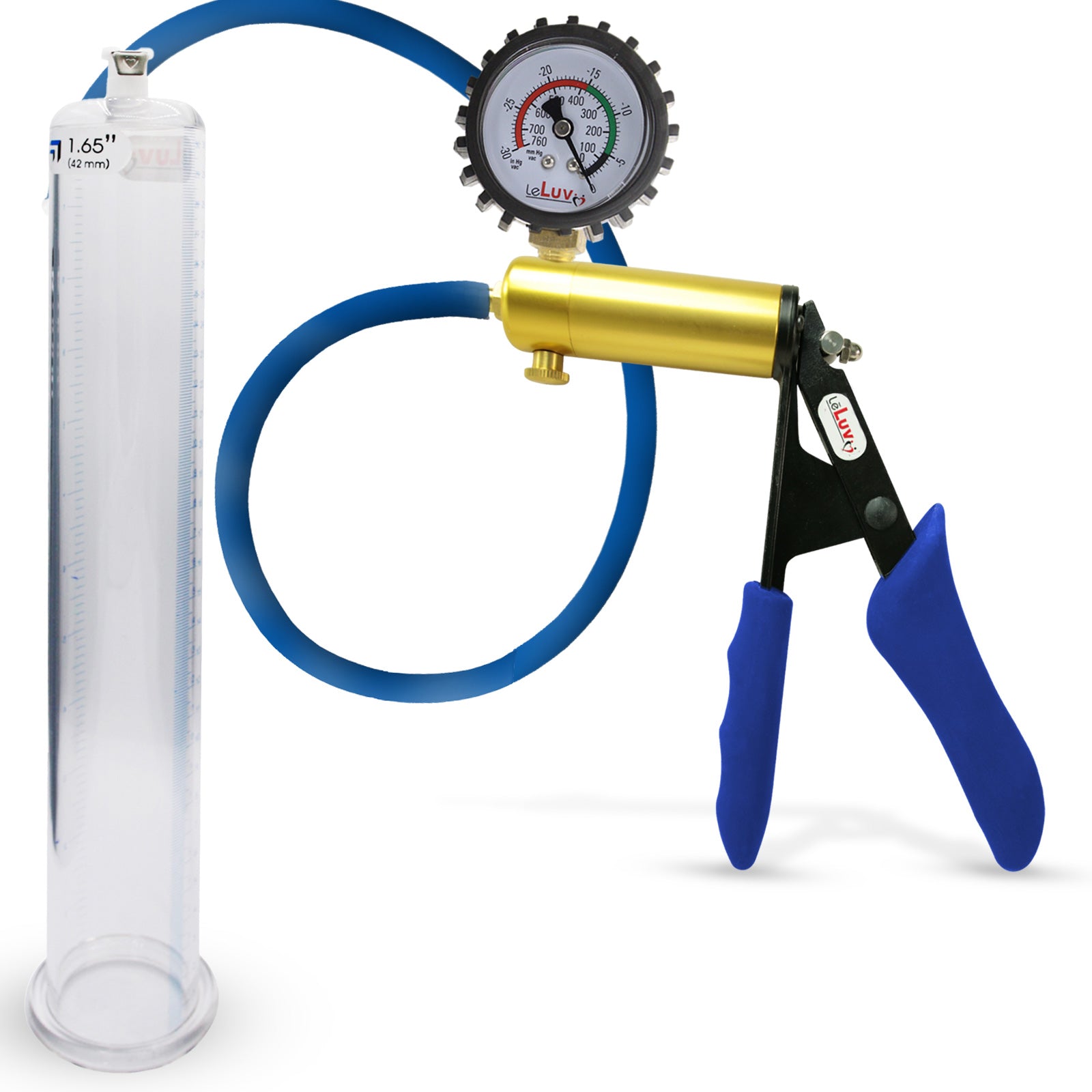 Ultima Brass Blue Silicone Grip, Silicone Hose | Penis Pump + Protected Gauge | 12" x 1.65" Cylinder
