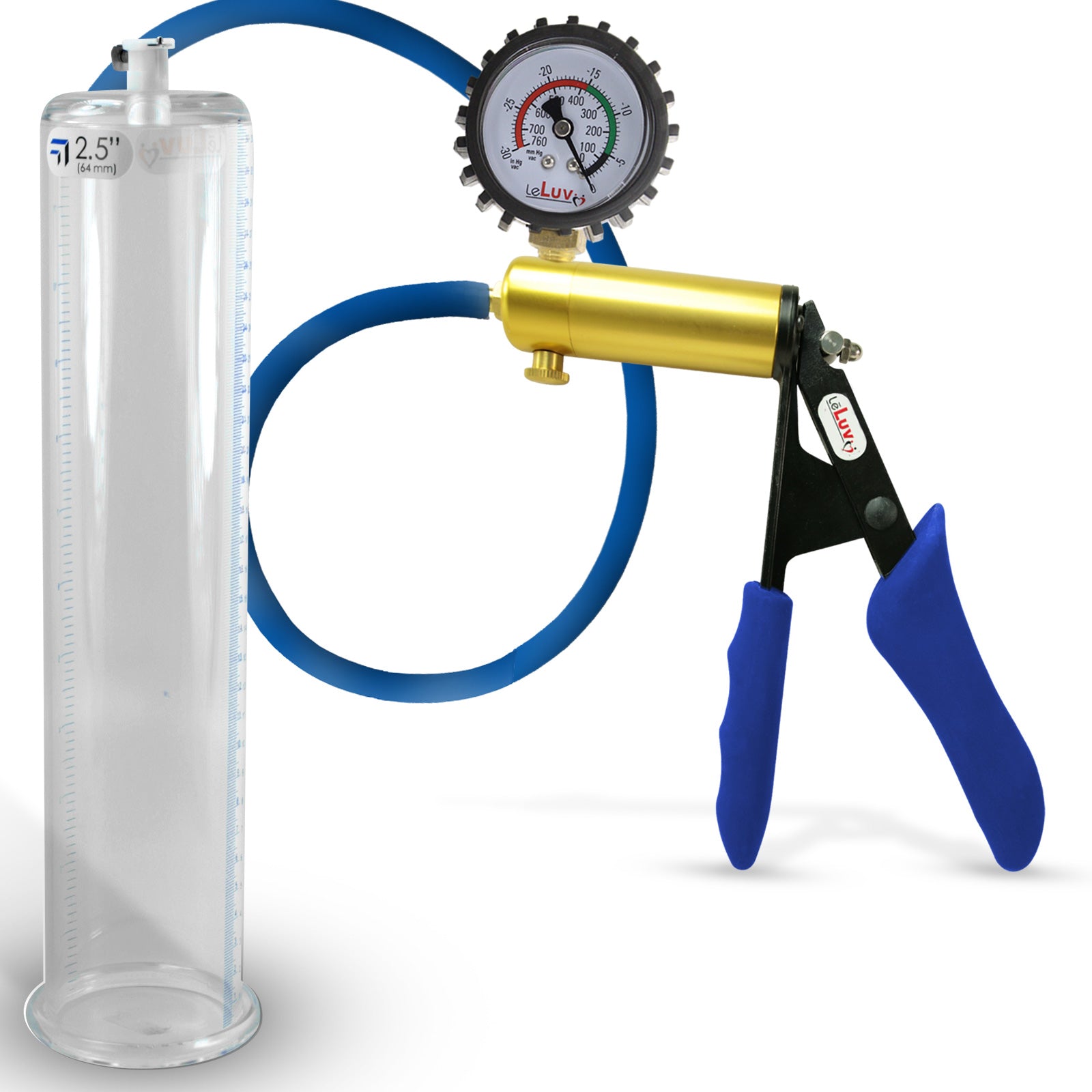 Ultima Brass Blue Silicone Grip, Silicone Hose | Penis Pump + Protected Gauge | 12" x 2.50"