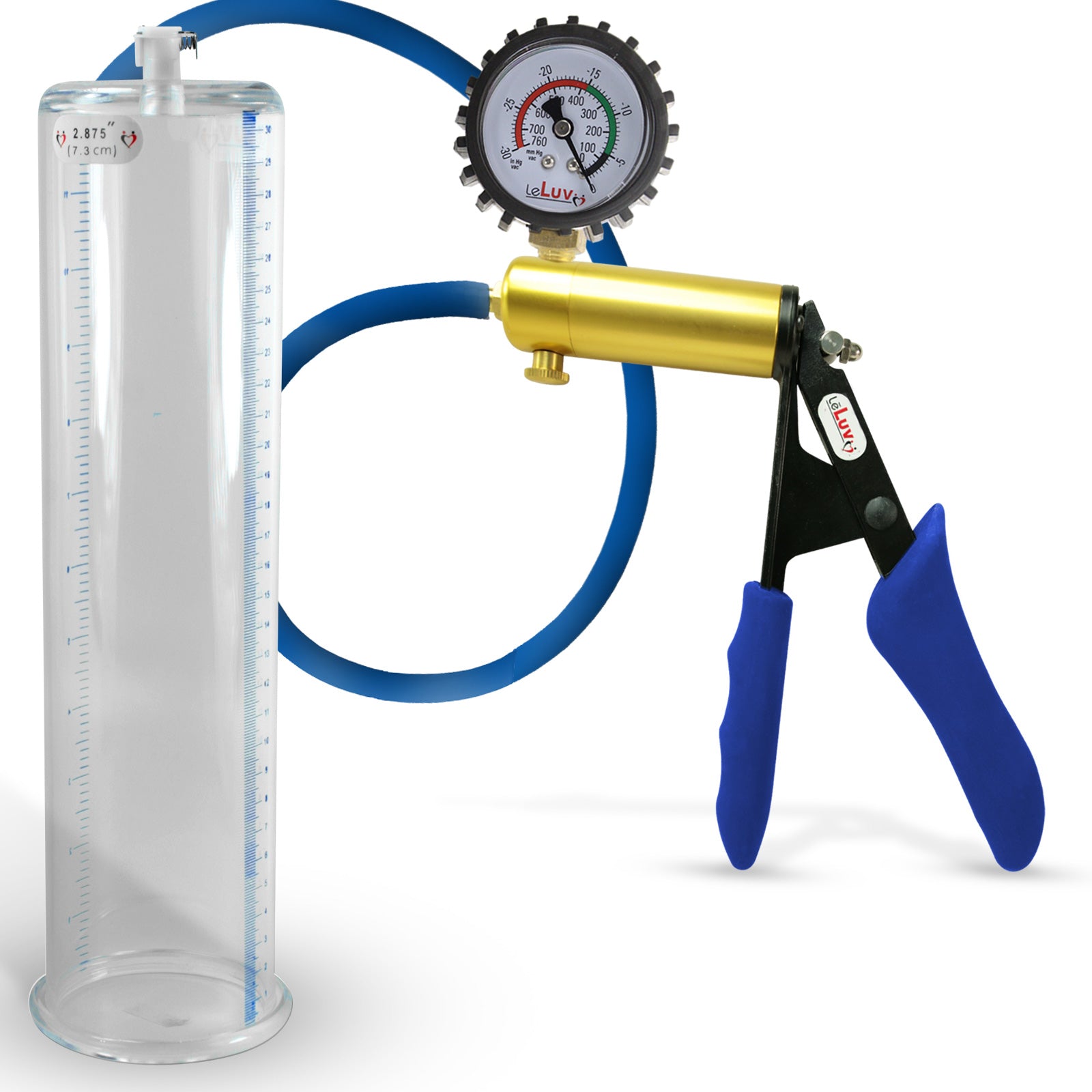 Ultima Brass Blue Silicone Grip, Silicone Hose | Penis Pump + Protected Gauge | 12" x 2.875"