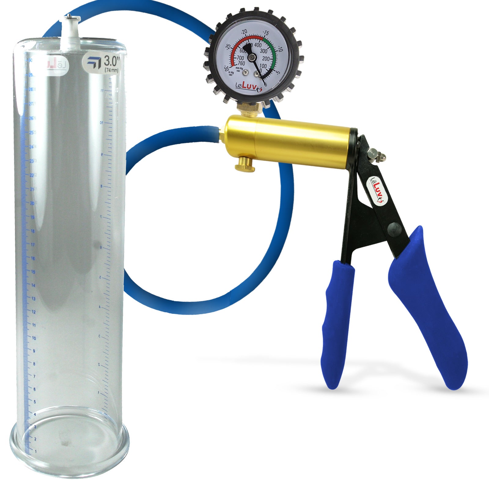 Ultima Brass Blue Silicone Grip, Silicone Hose | Penis Pump + Protected Gauge | 12" x 3.00"