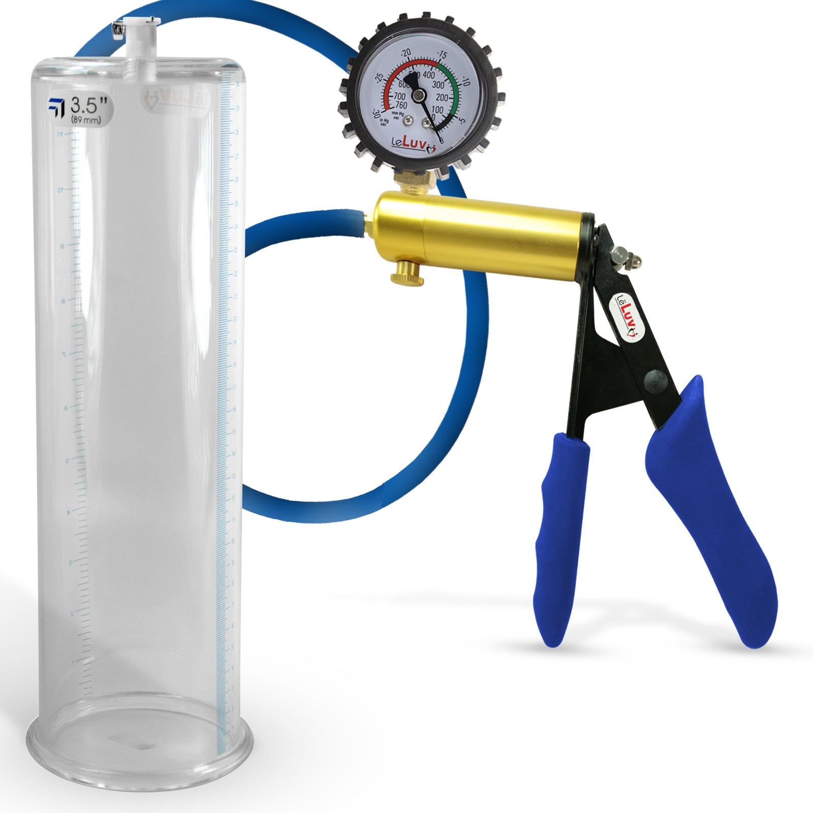 Ultima Brass Blue Silicone Grip, Silicone Hose | Penis Pump + Protected Gauge | 9" x 3.50"
