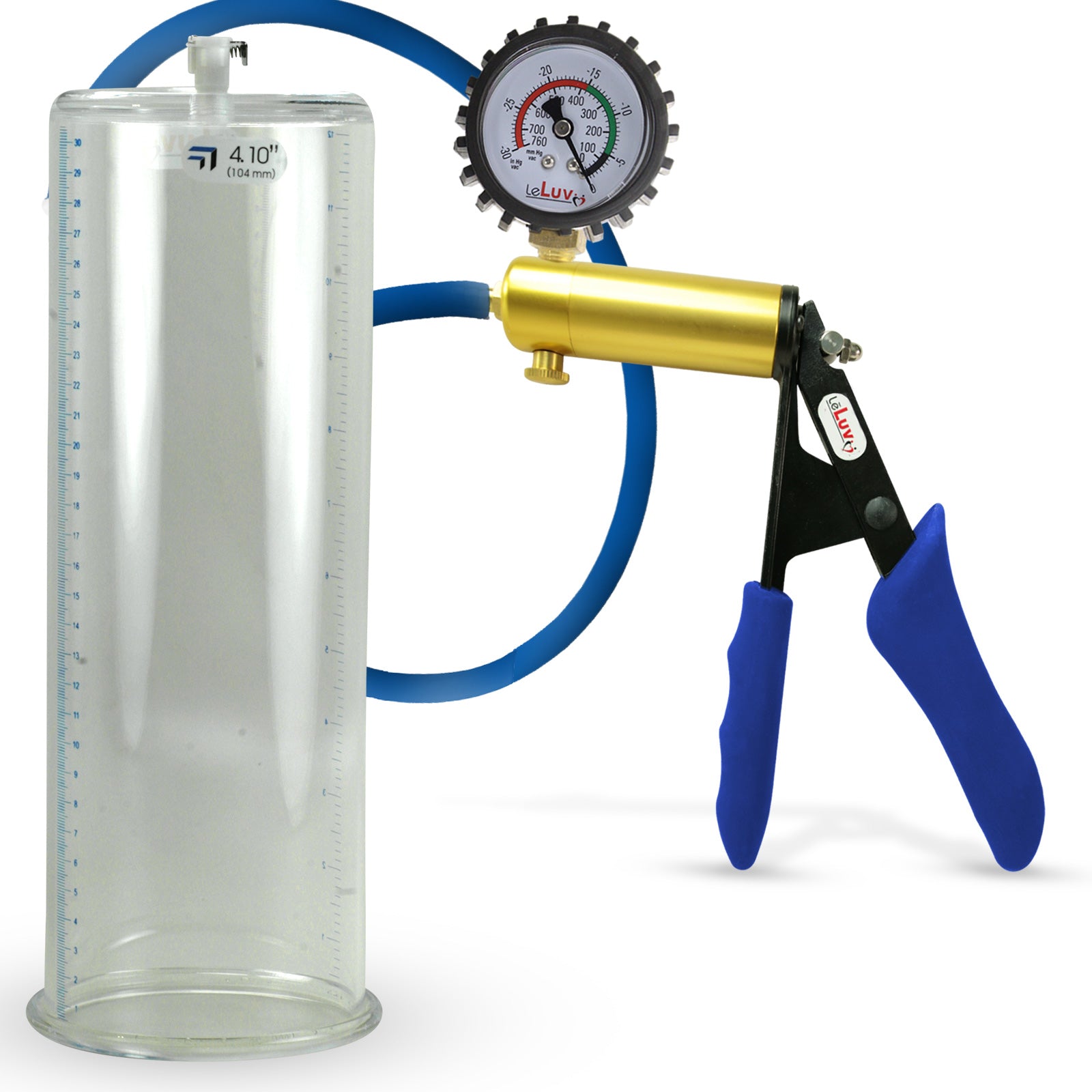 Ultima Brass Blue Silicone Grip, Silicone Hose | Penis Pump + Protected Gauge | 12" x 4.10" Cylinder